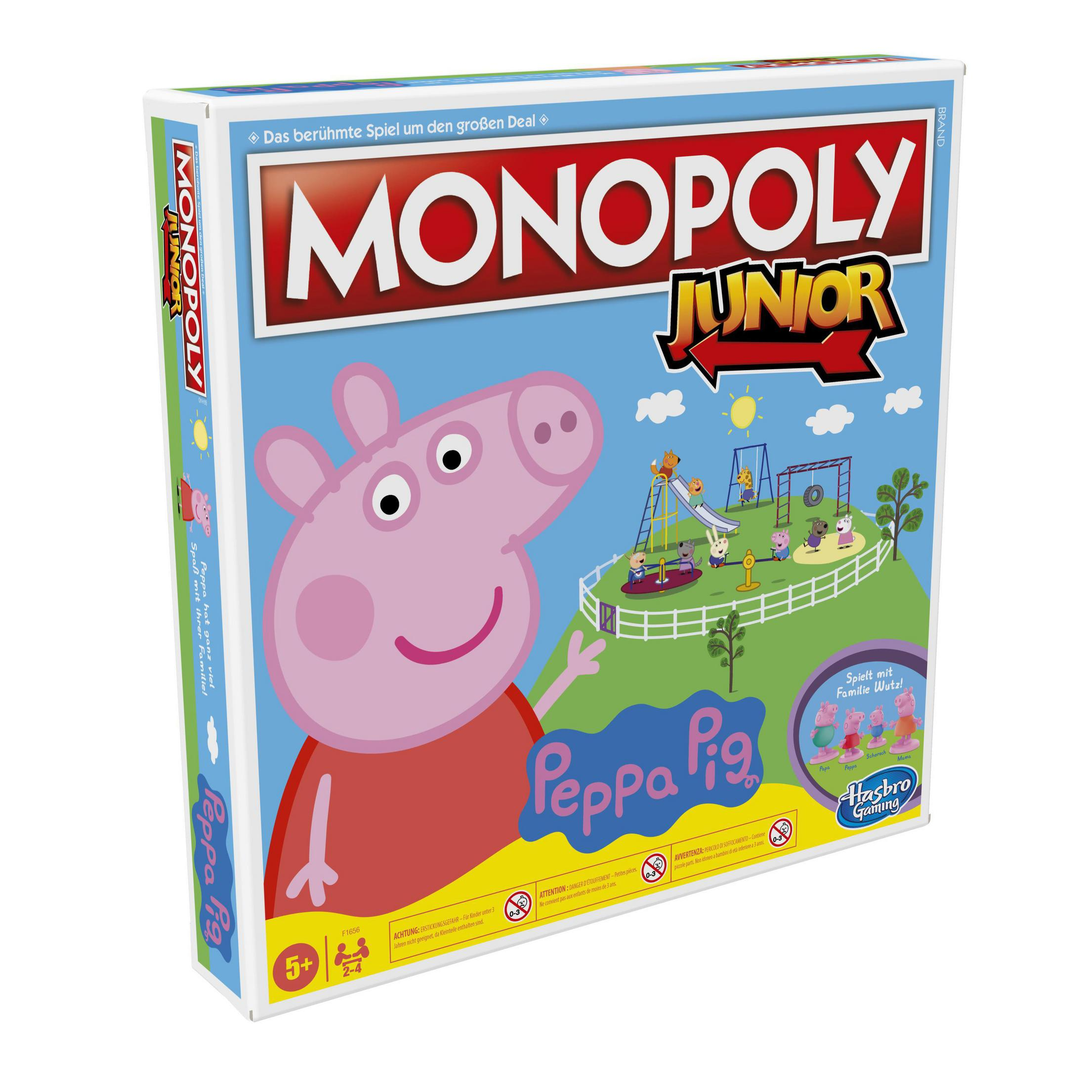 Pudełko gry planszowej Monopoly Junior z Peppą. Gra przedstawia scenę z placu zabaw z Peppą.