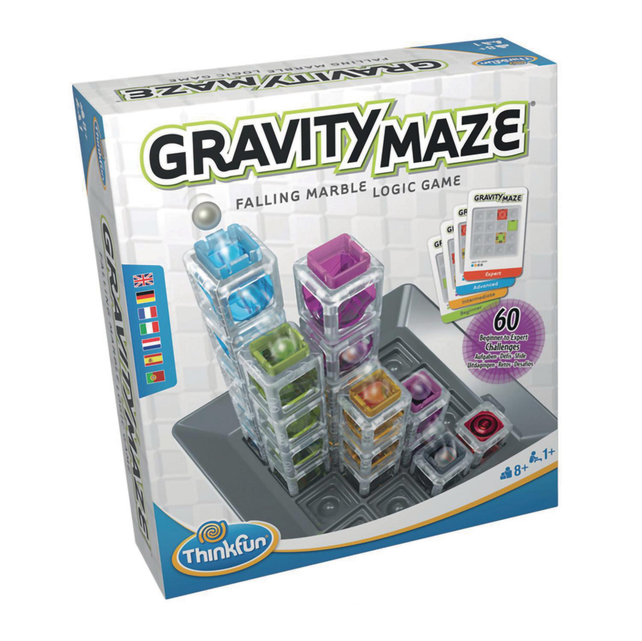 Gravity Maze Spielbox mit bunten Türmen und Murmeln. Falling Marble Logic Game.