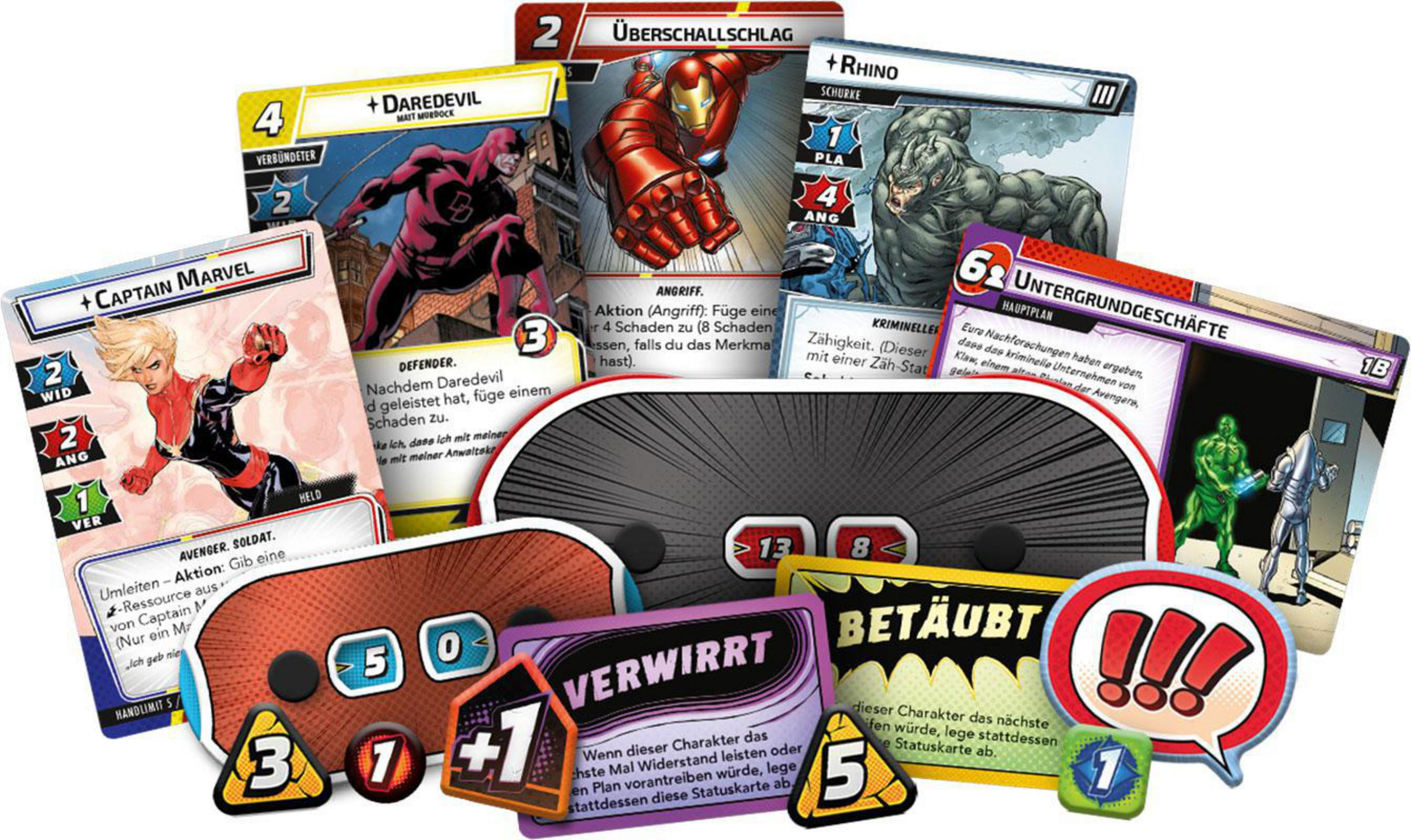 Marvel Kartenspiel mit verschiedenen Charakterkarten und Token.