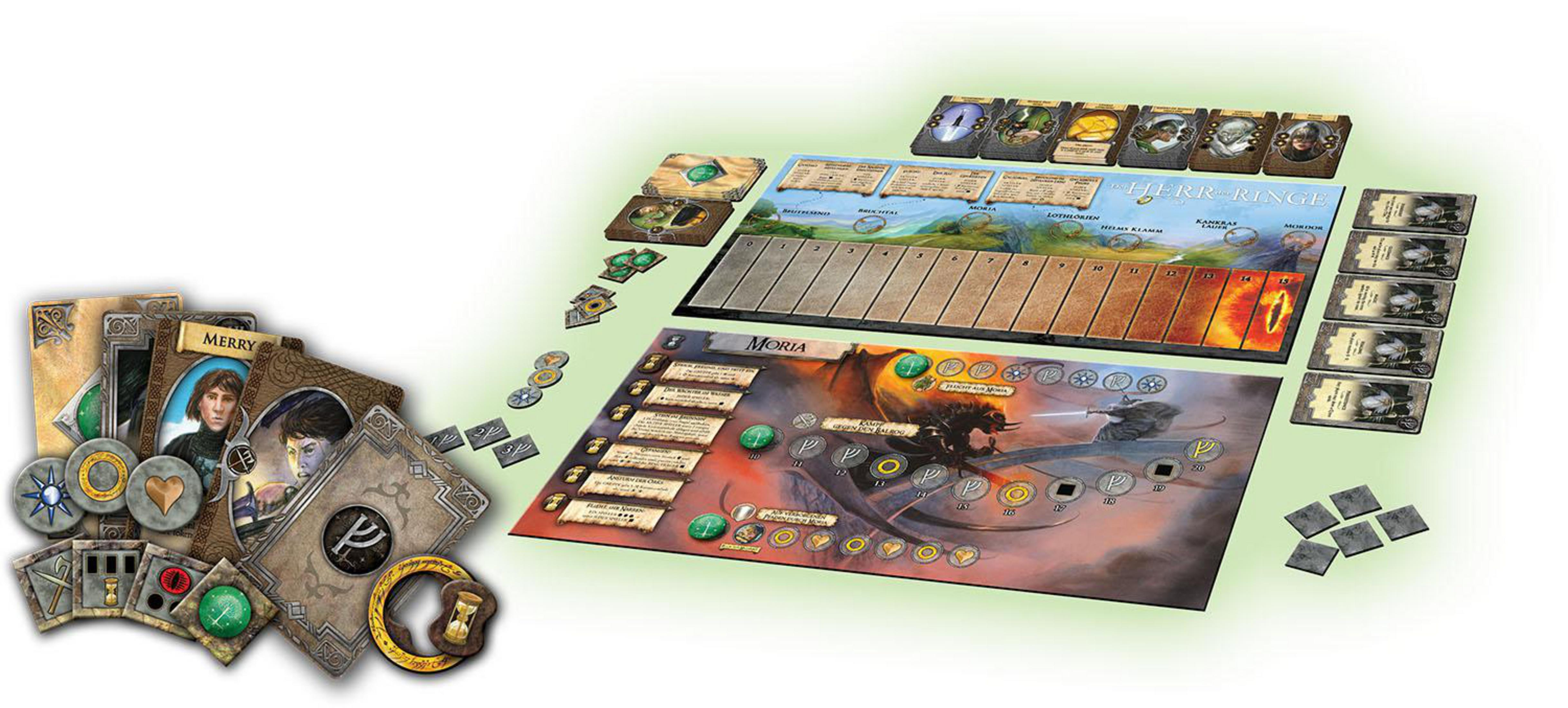 Juego de mesa, El Señor de los Anillos. Incluye tablero, cartas y fichas sobre un fondo verde.