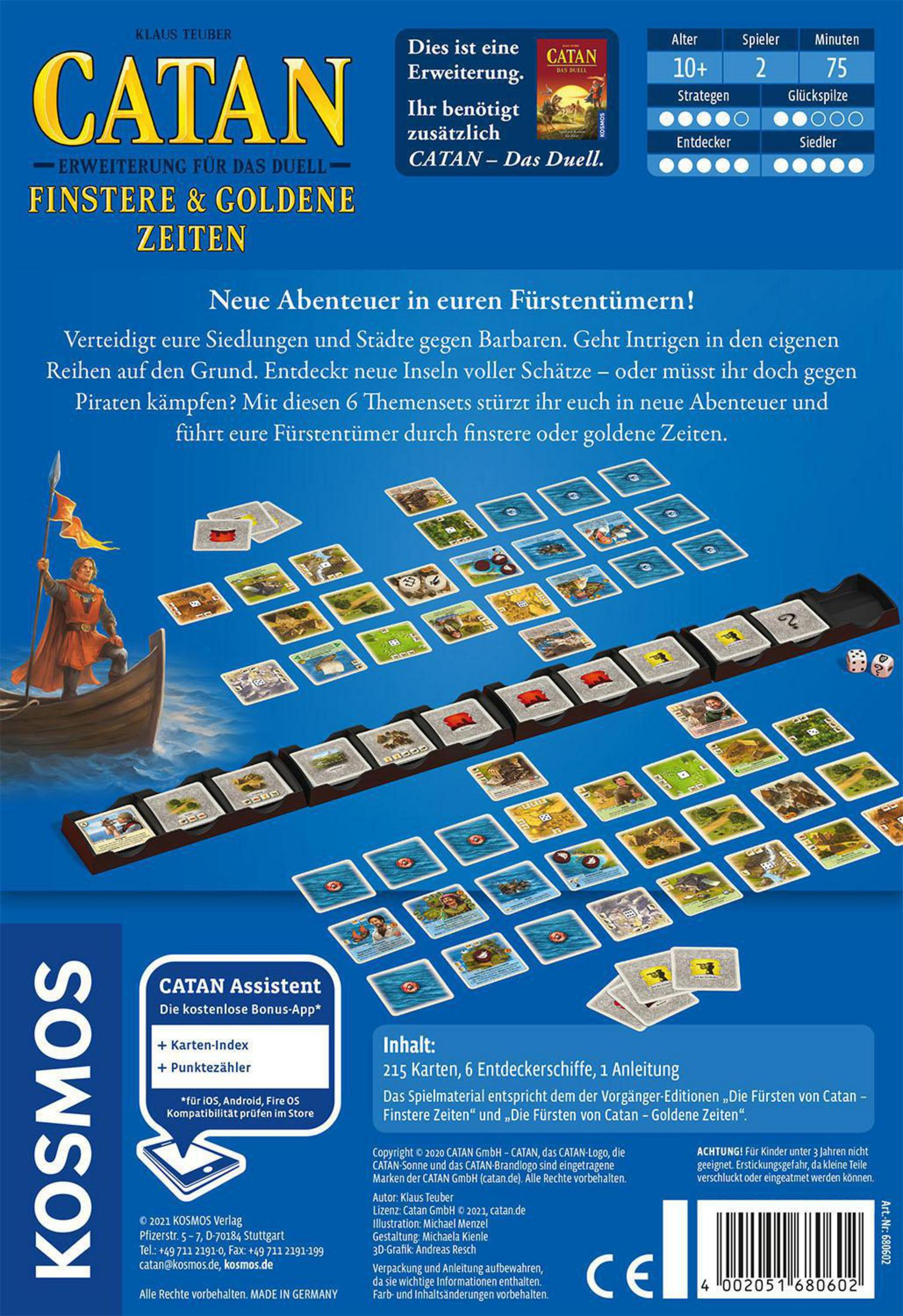 Die Rückseite einer Brettspielschachtel mit Text auf Deutsch. Das Spiel heißt Catan - Das Duell.