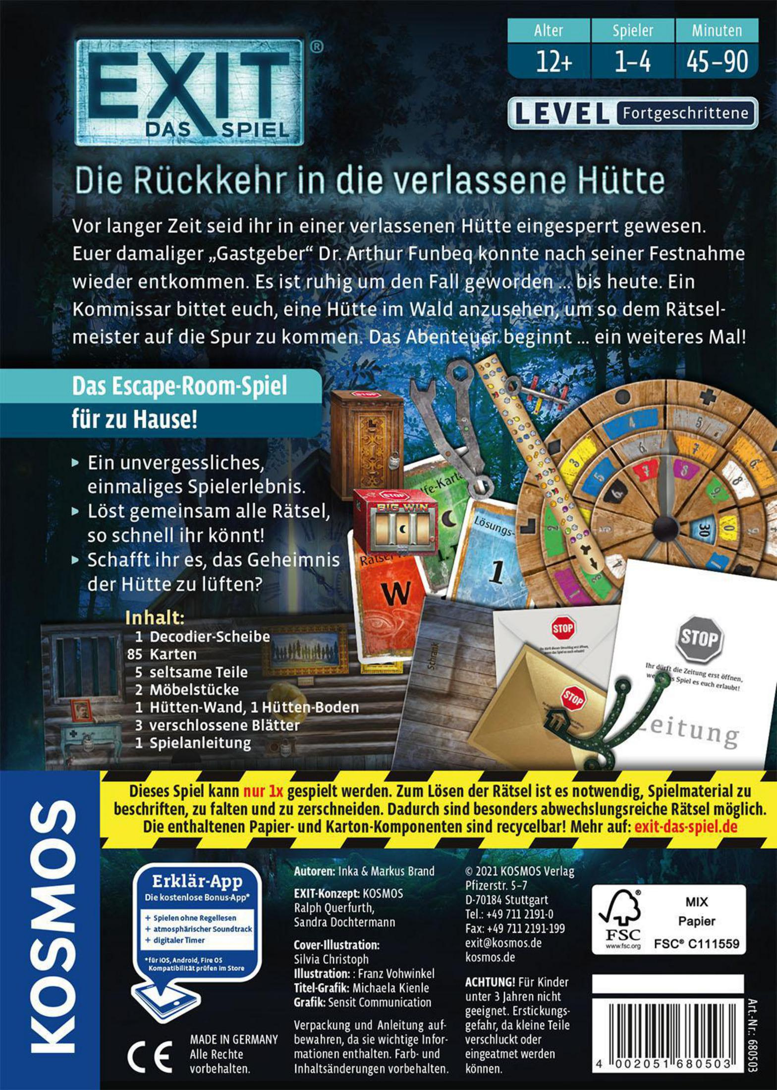 Brettspielbox mit dem Titel EXIT: Das Spiel. Text und Bilder von Puzzleteilen und einem Kompass.