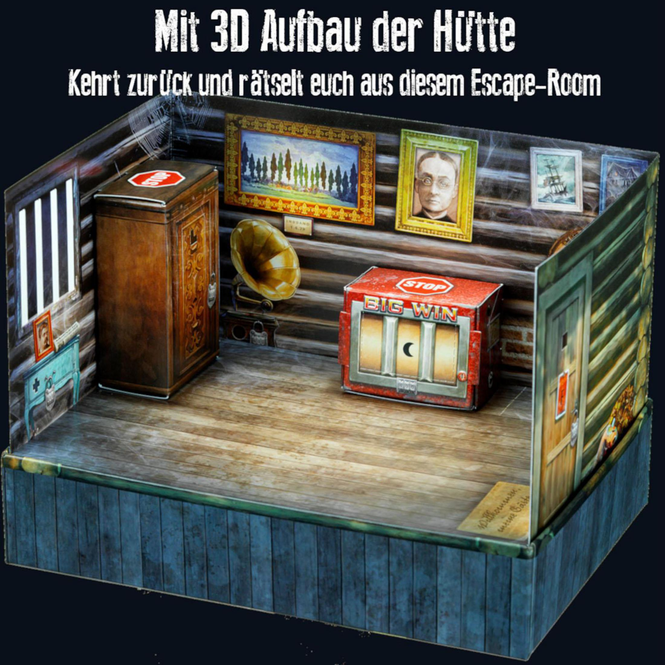Innenraum eines Hütten-Escape-Rooms mit Rätseln und Hinweisen. Holzwände und ein Spielautomat sind sichtbar.