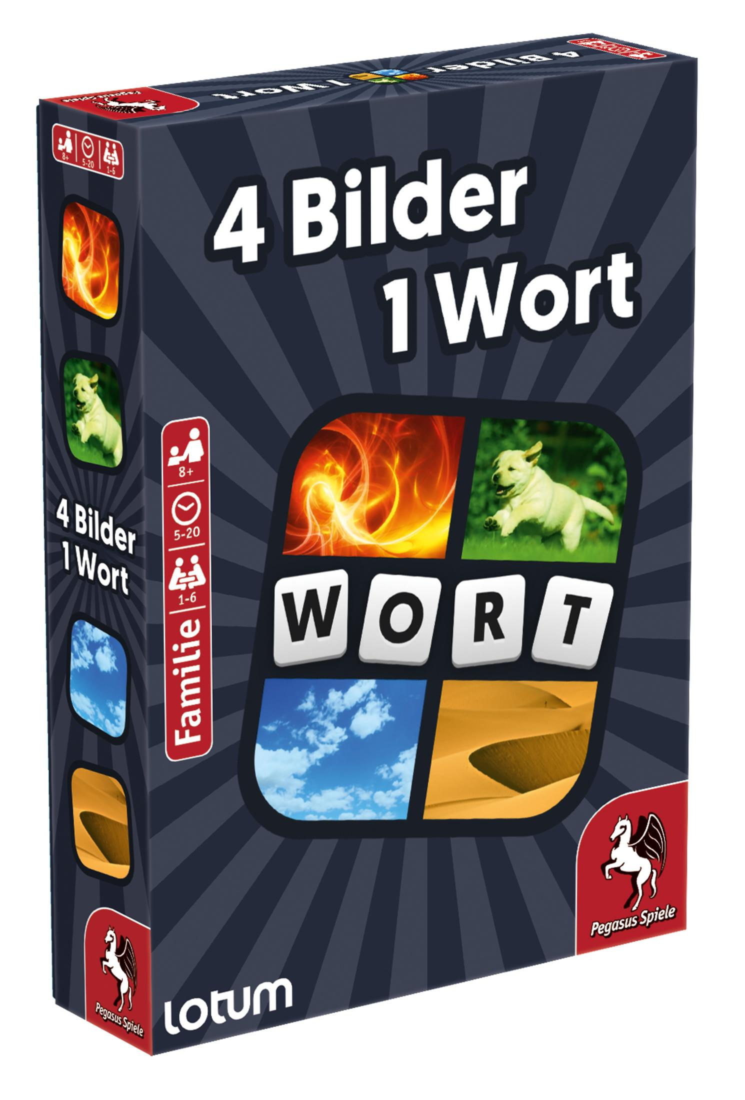Ein Brettspielkarton mit vier Bildern und dem Wort 'Wort' in der Mitte.