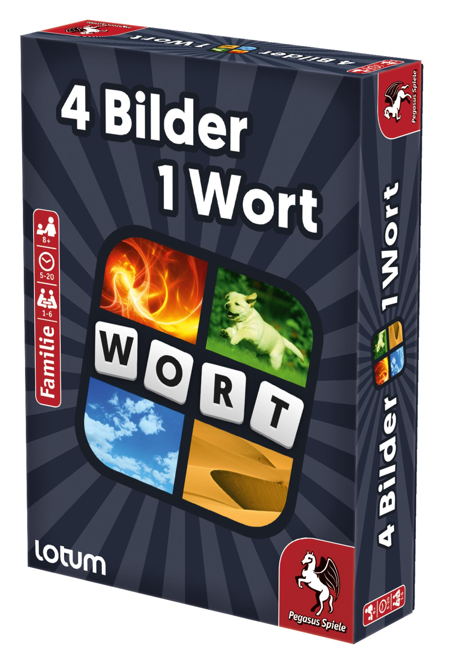 Schachtel des Spiels '4 Bilder 1 Wort' mit Bildern von Feuer, einem Hund, Himmel und Wüste, und Pegasus-Logo.