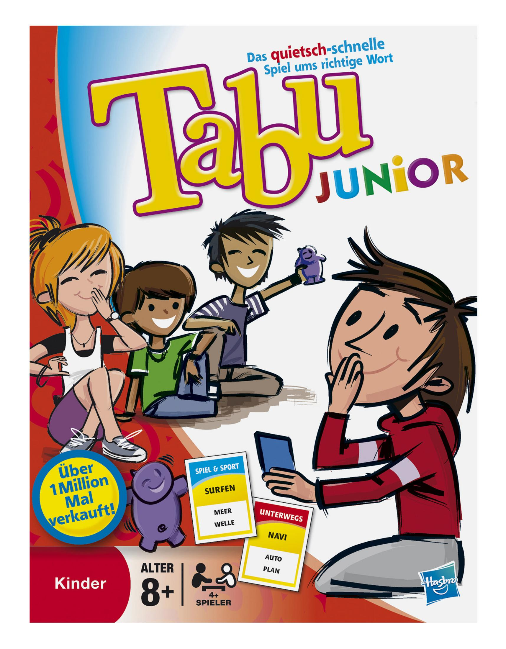 Eine Tabu Junior Spielbox mit Illustrationen von spielenden Kindern.