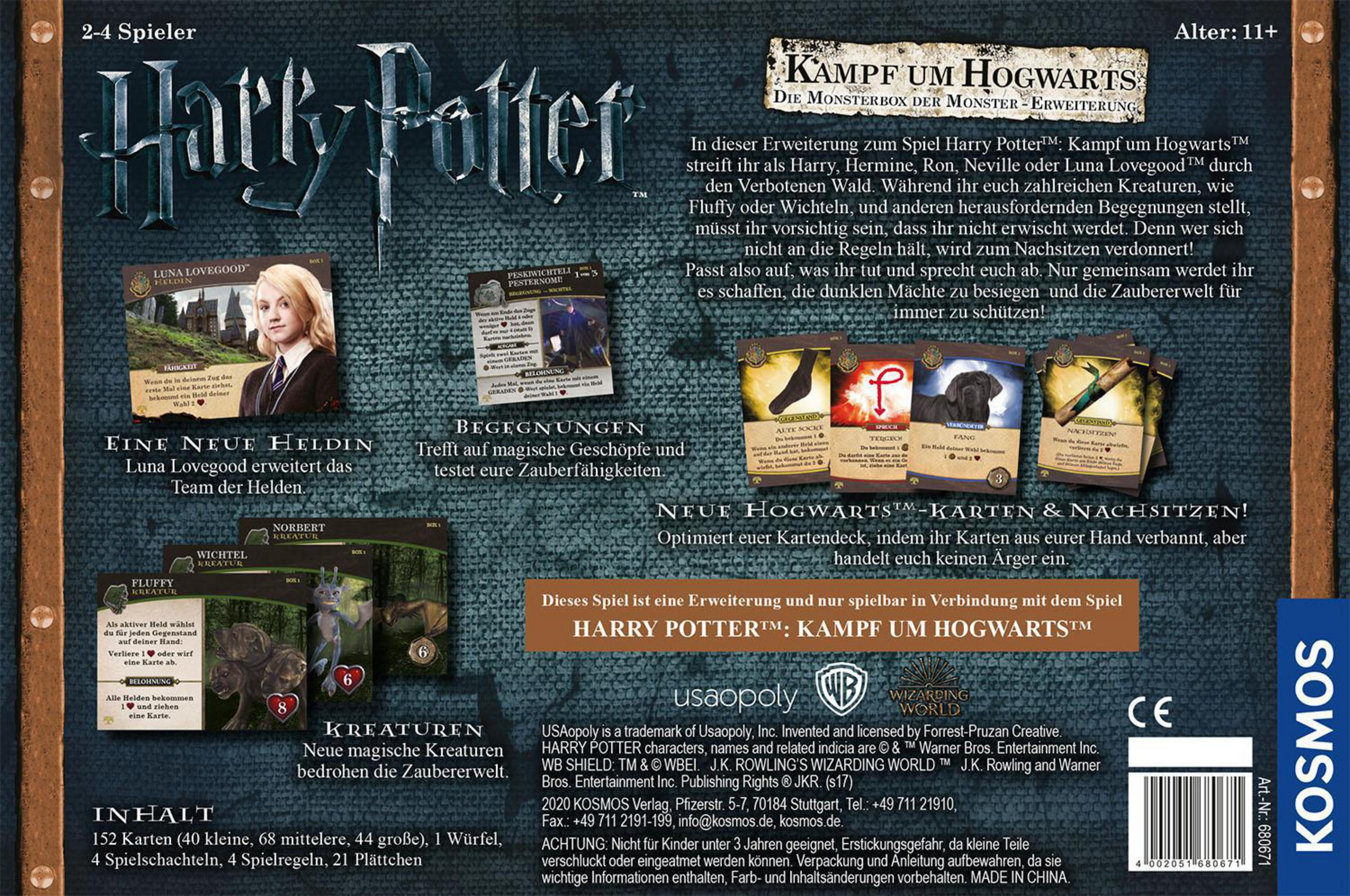 Die Rückseite einer Harry Potter-Brettspielbox. Es zeigt Spielkarten und Bilder aus dem Film mit Text.