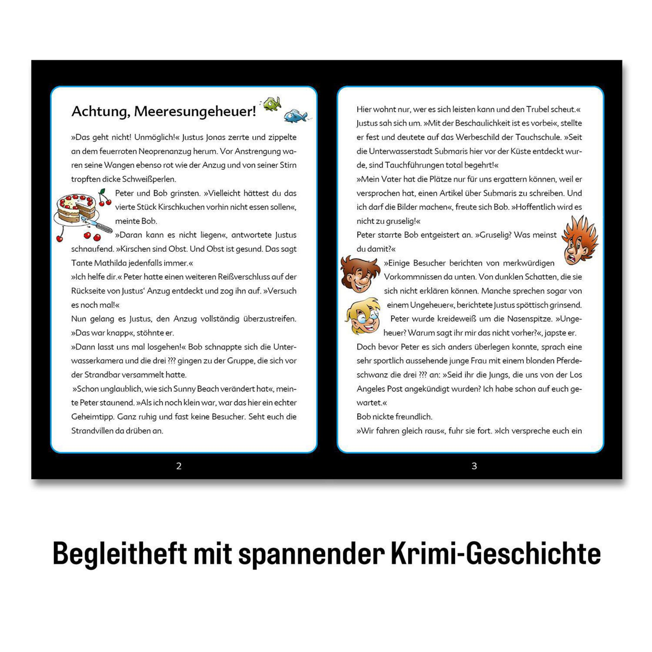 Text aus einem Buch. Es enthält Text und Illustrationen. Der Titel lautet 'Achtung, Meeresungeheuer!'.