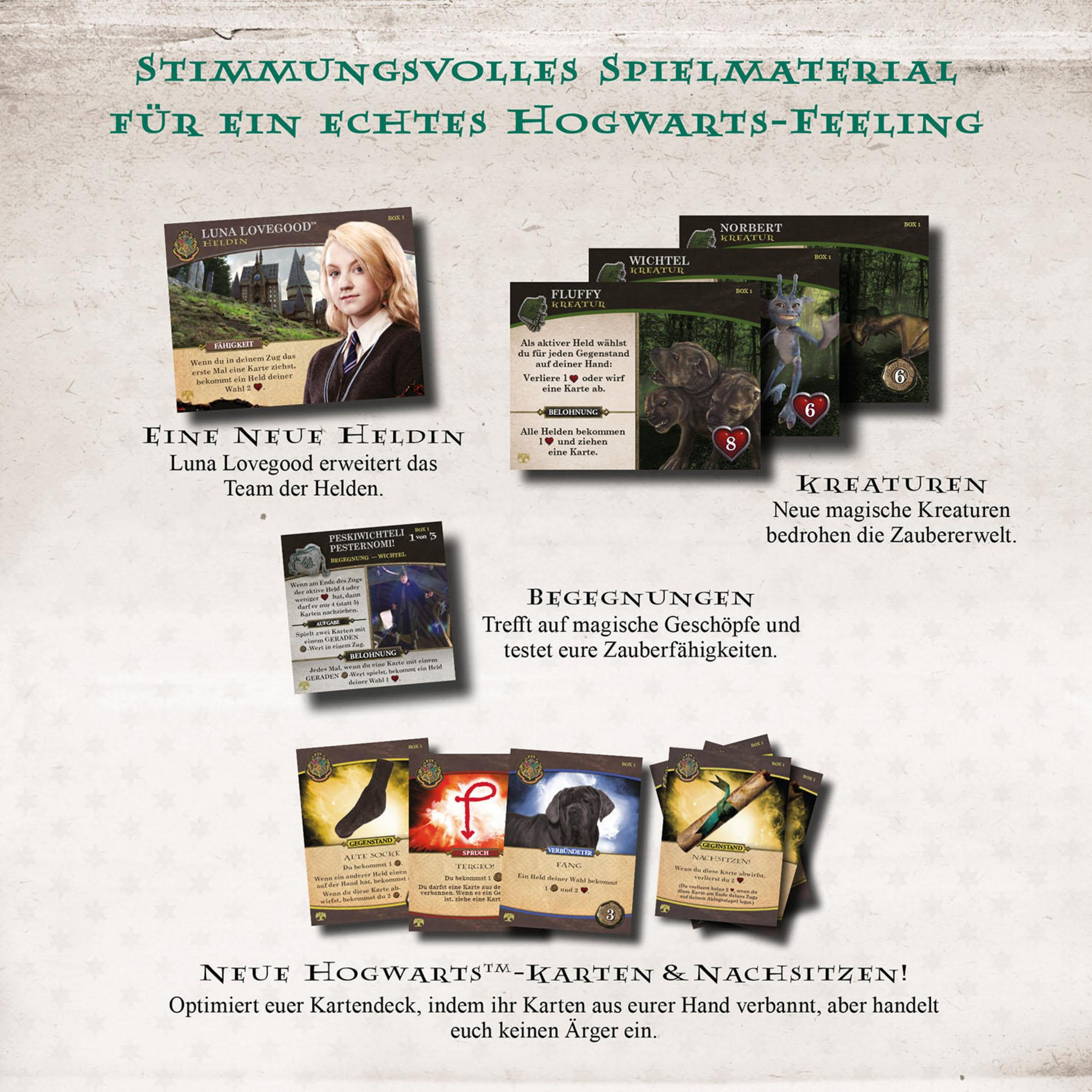 Karten aus einem Harry-Potter-Spiel mit Charakteren und Zaubersprüchen.