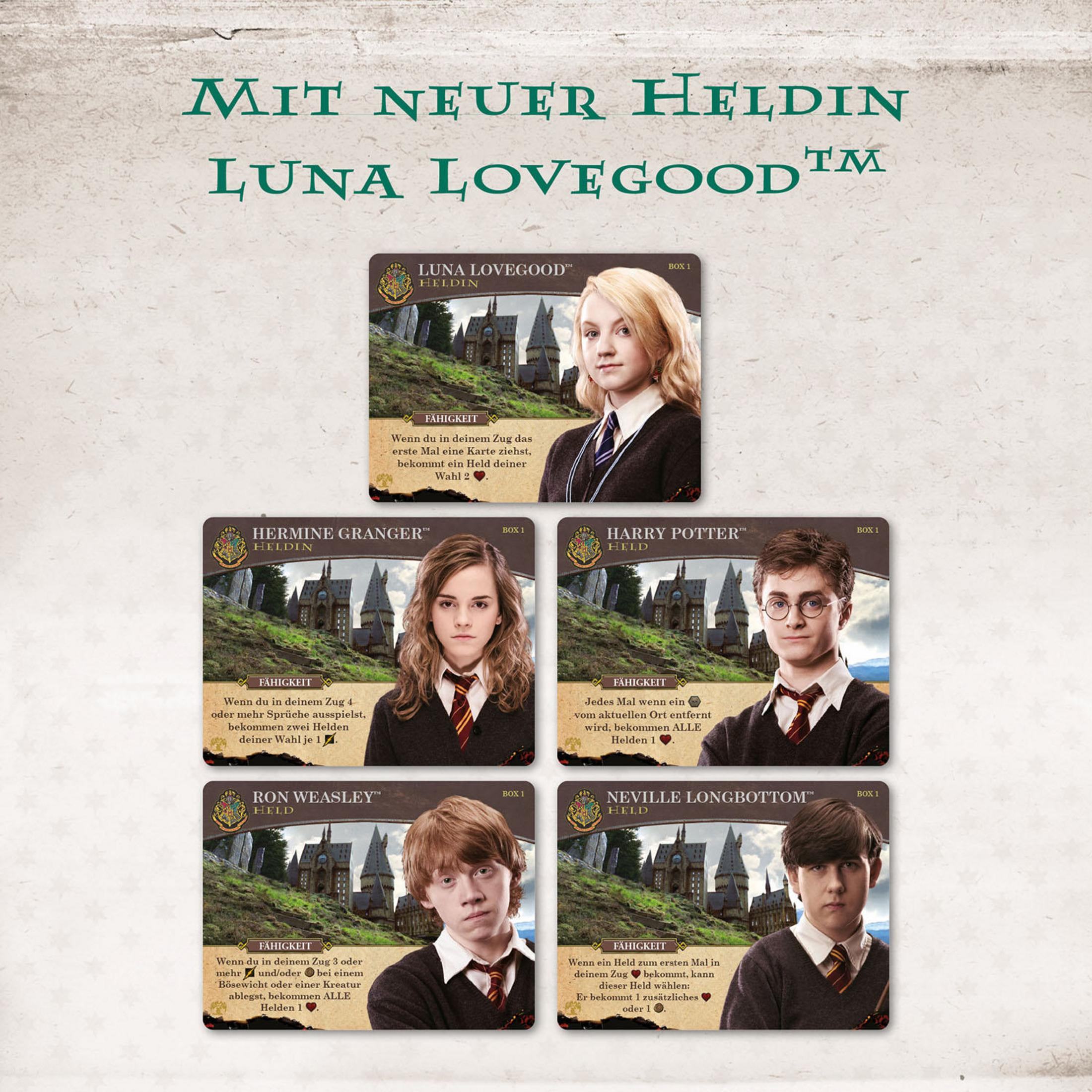 Karten mit Harry-Potter-Charakteren. Luna Lovegood, Hermine Granger, Harry Potter, Ron Weasley, Neville Longbottom.