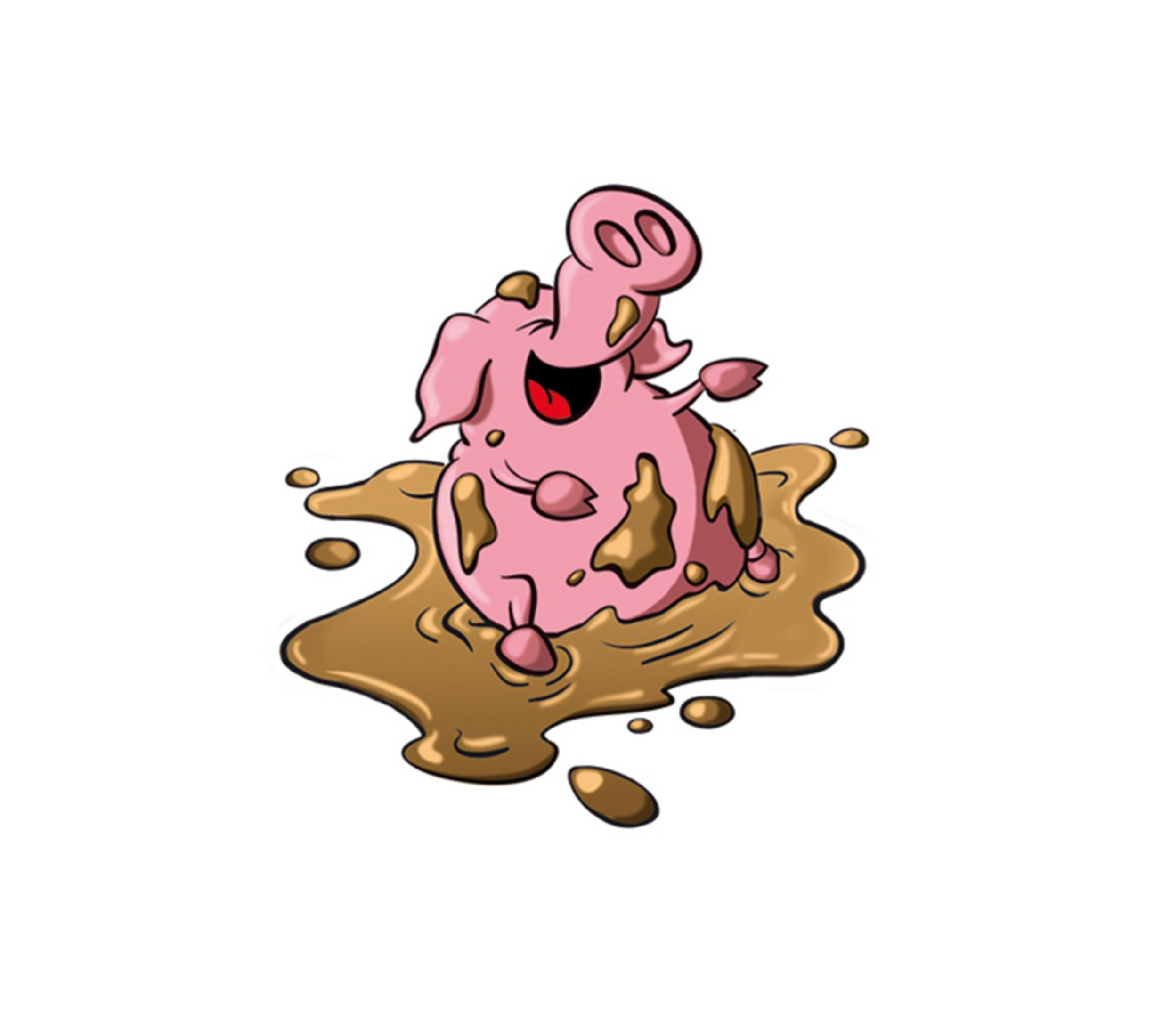 Cochon rose de dessin animé dans la boue. Il sourit et est couvert de boue. La boue brune l'entoure.