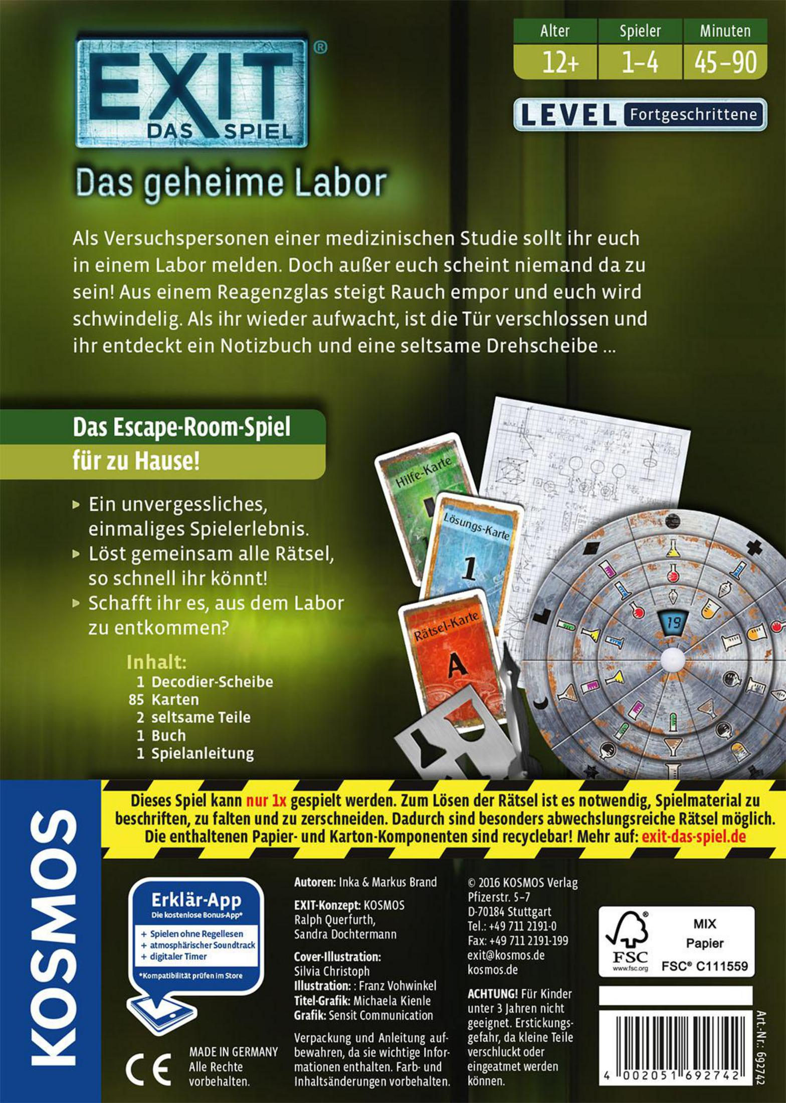 Box von EXIT: Das Spiel - Das geheime Labor, mit Spielkomponenten und Puzzle-Illustration.
