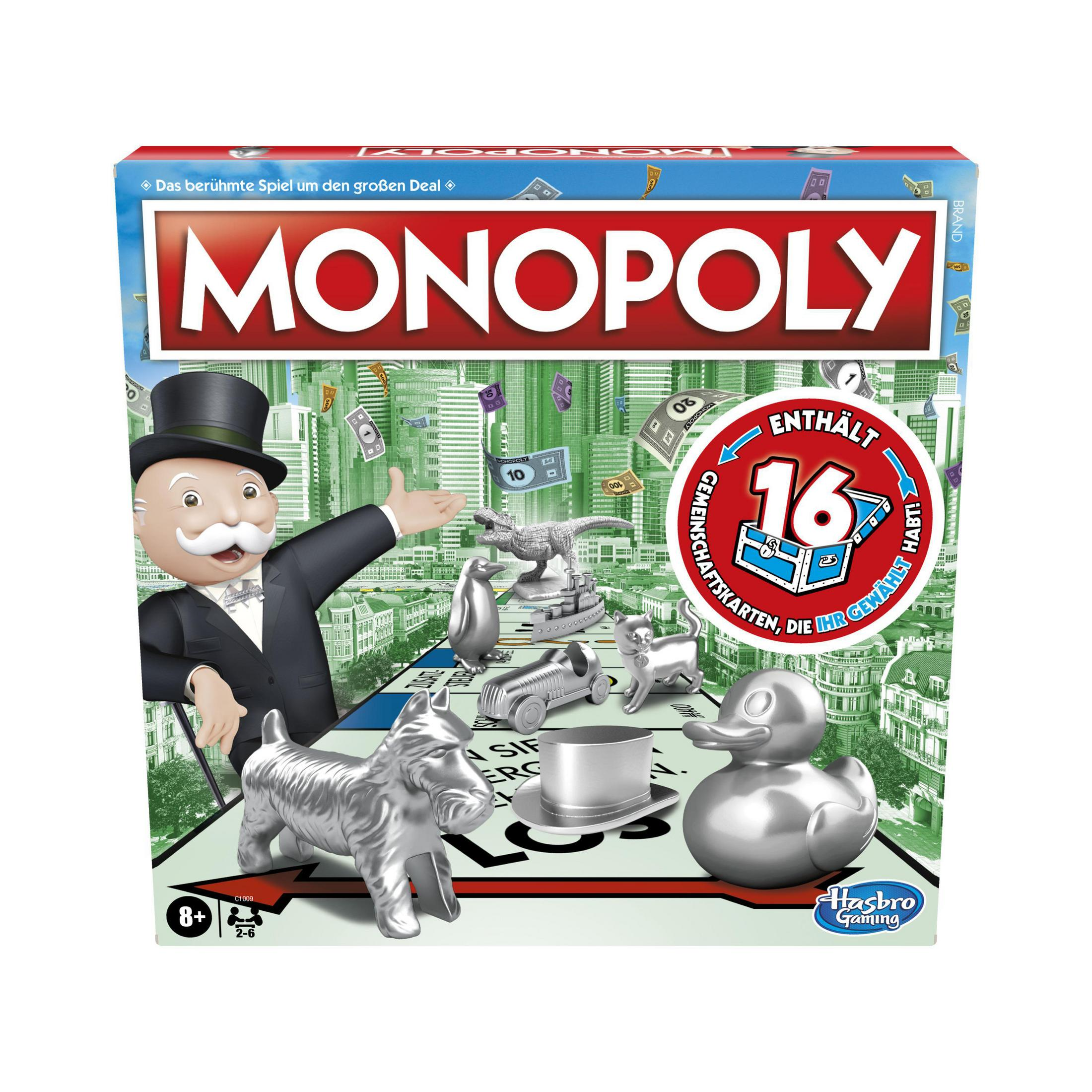Eine Monopoly-Brettspielbox, die das Spielbrett, die Spielfiguren und den Monopoly-Mann mit Zylinder zeigt.