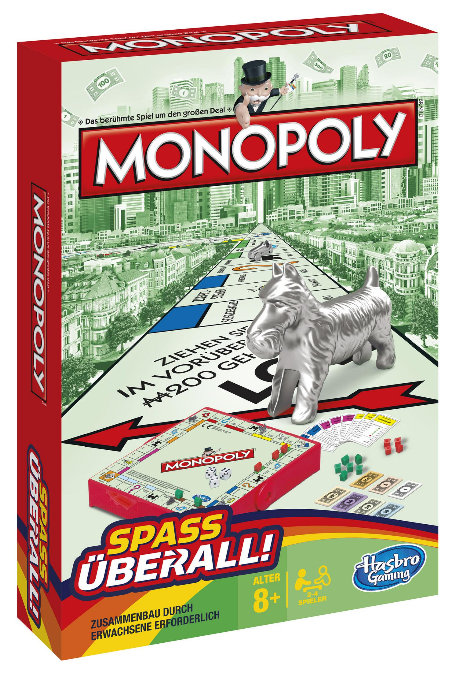 Monopoly-Brettspielbox mit den Spielsteinen. Die Box ist rot, das Spiel ist ab 8 Jahren.