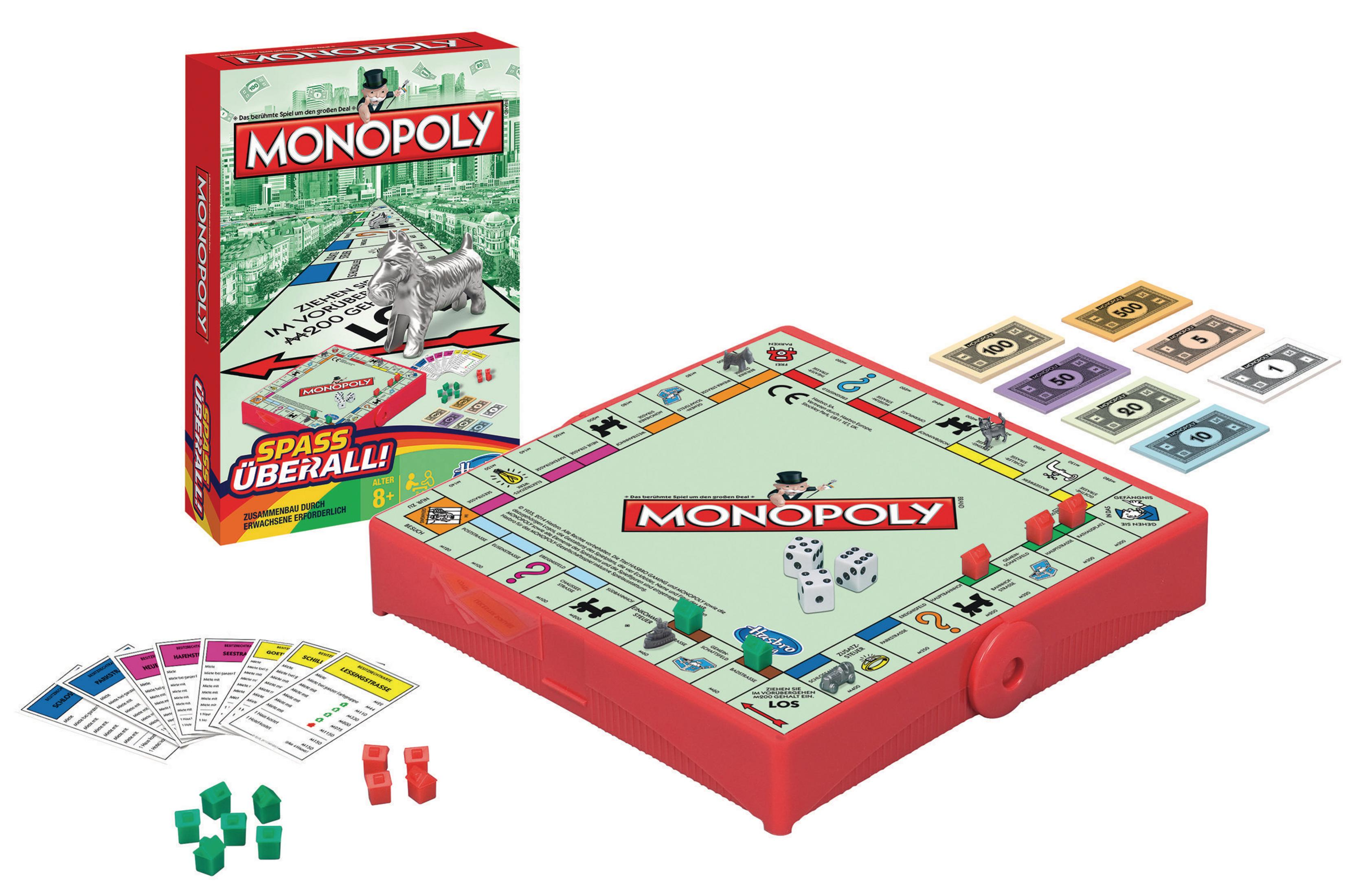 Monopoly-Brettspielbox, Spielbrett, Karten, Würfel und Spielfiguren.