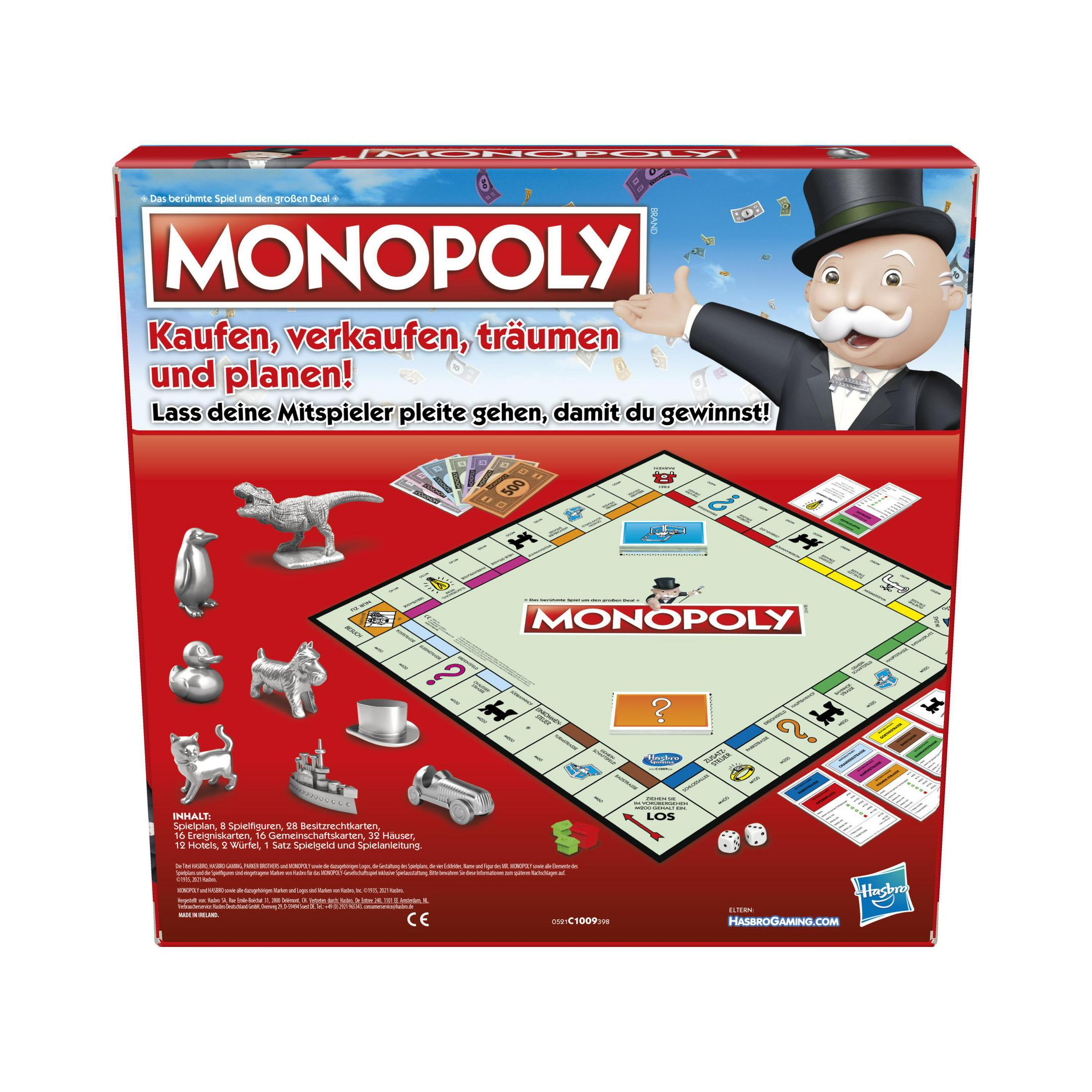 Die Monopoly-Brettspielbox, die das Spielbrett, die Spielsteine und Illustrationen des Spiels zeigt.