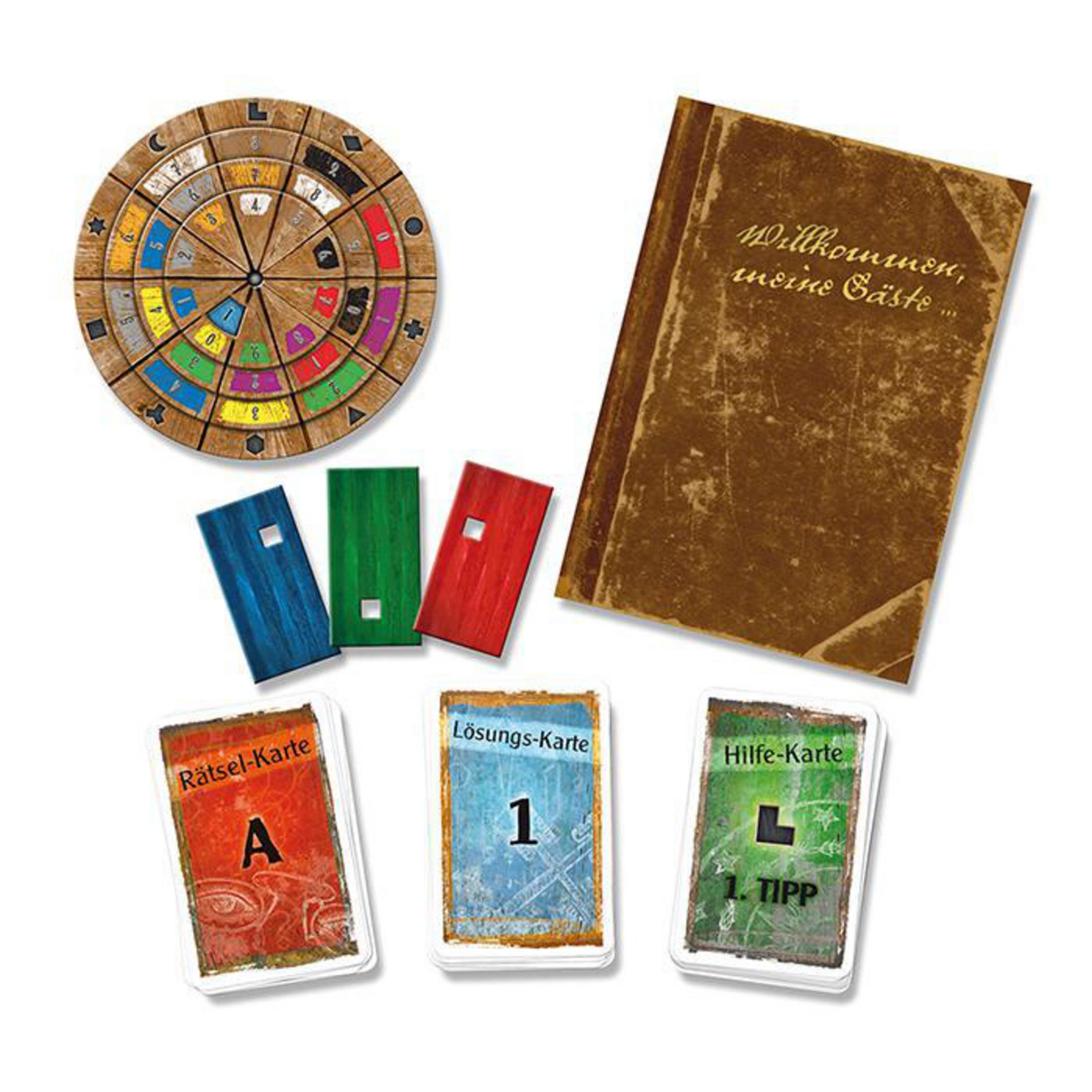 Spielkomponenten, darunter ein kreisförmiges Brett, Karten und ein Buch. Das Spiel befindet sich auf einer weißen Oberfläche.