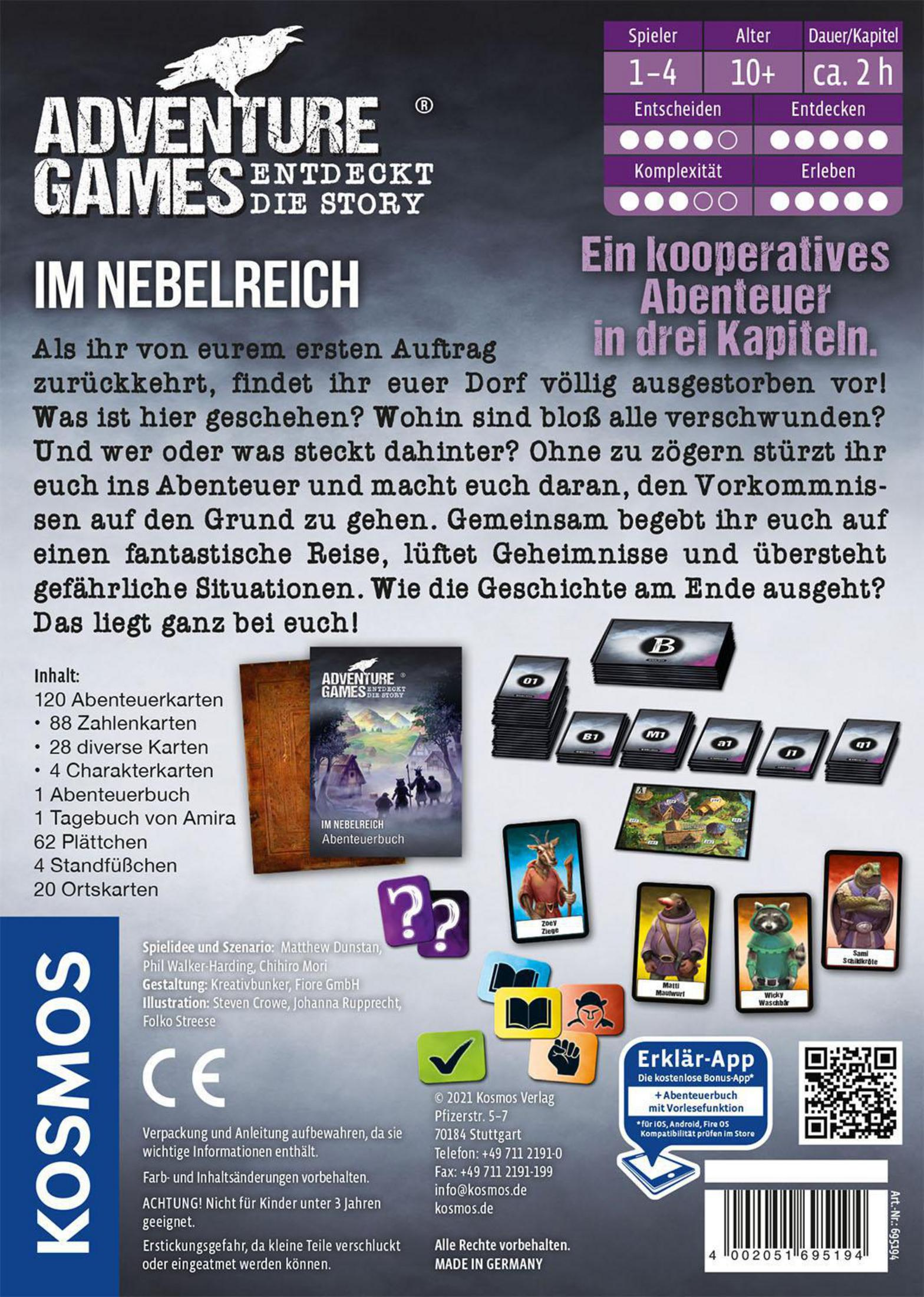 Die Rückseite einer Brettspielbox mit einer Waldszene mit Menschen. Text und ein QR-Code sind sichtbar.