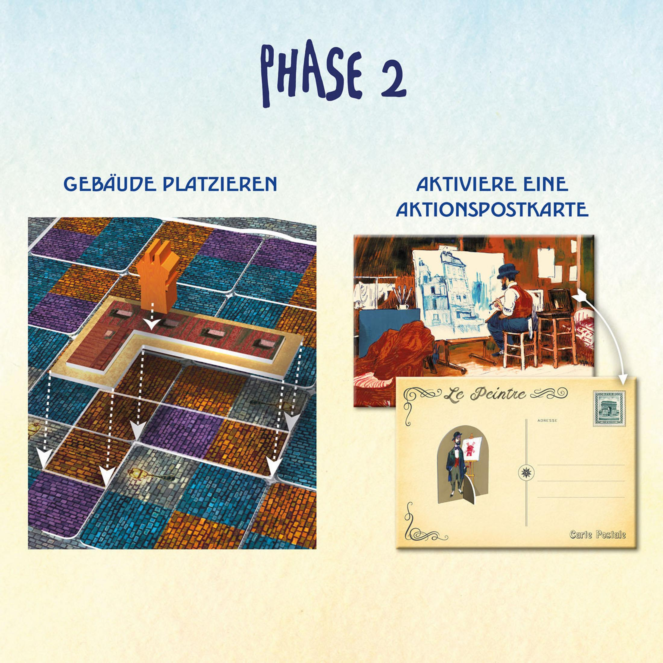 Brettspiel-Layout mit Spielanweisungen, Gebäudeplatzierung und Aktionskarten auf einem Spielbrett.