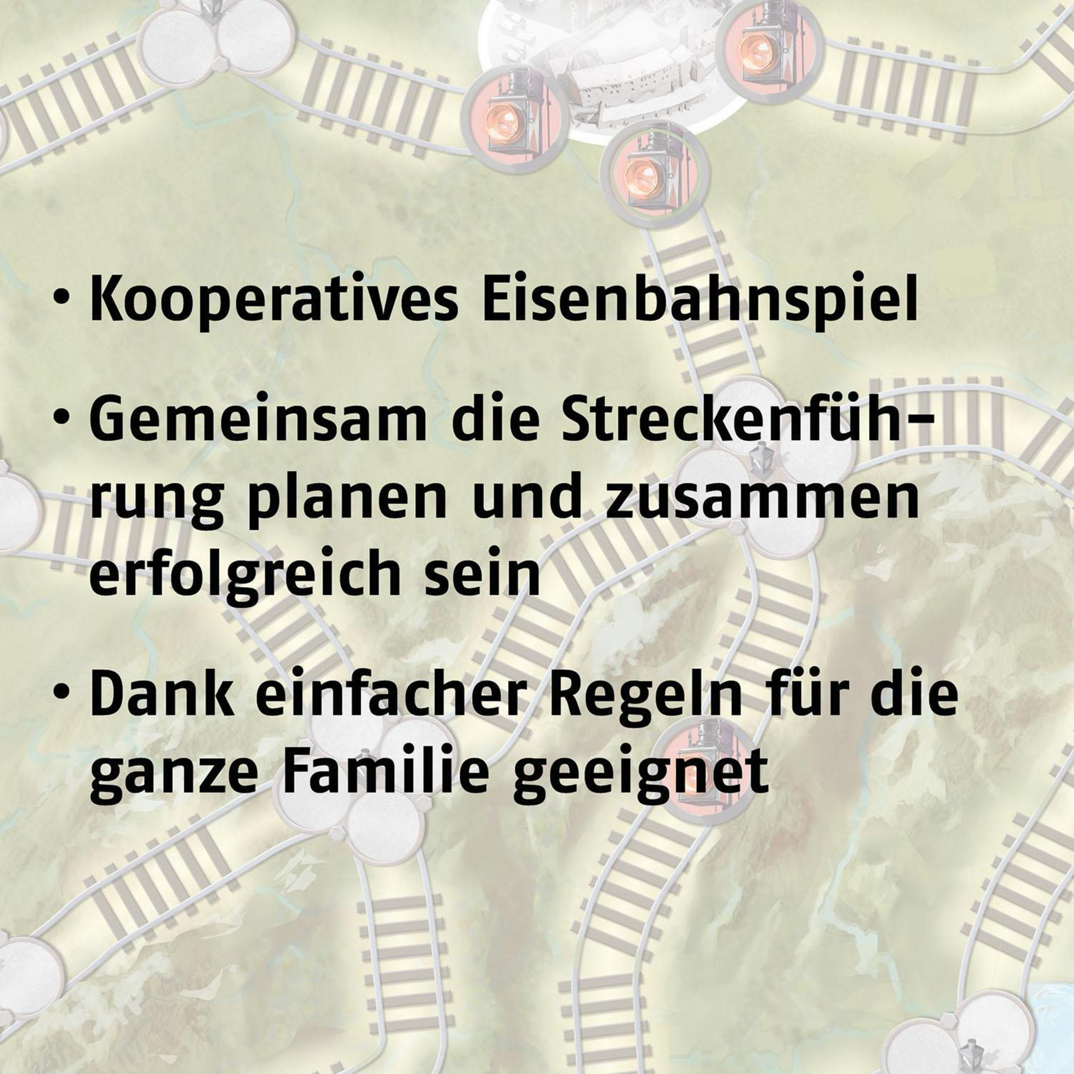 Eine Brettspielbox mit Gleisen und Text auf Deutsch.