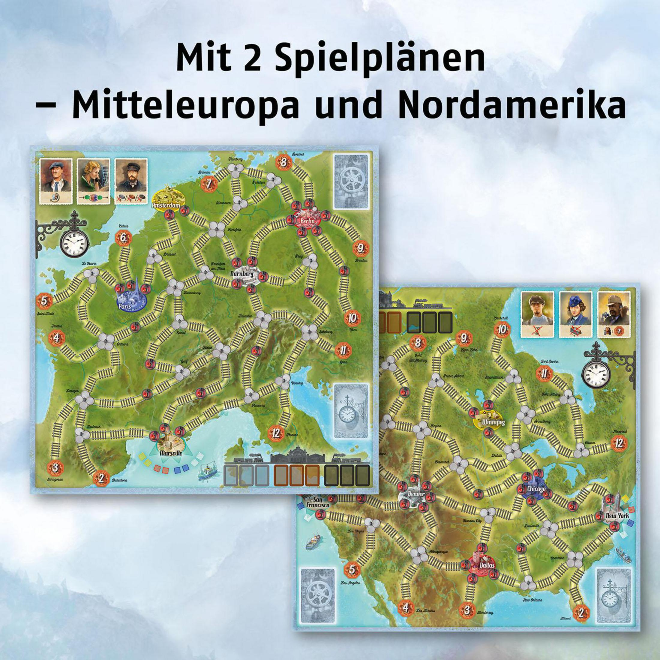 Brettspiel mit zwei Karten: Europa und Nordamerika, mit Illustrationen von Städten und Landschaften.