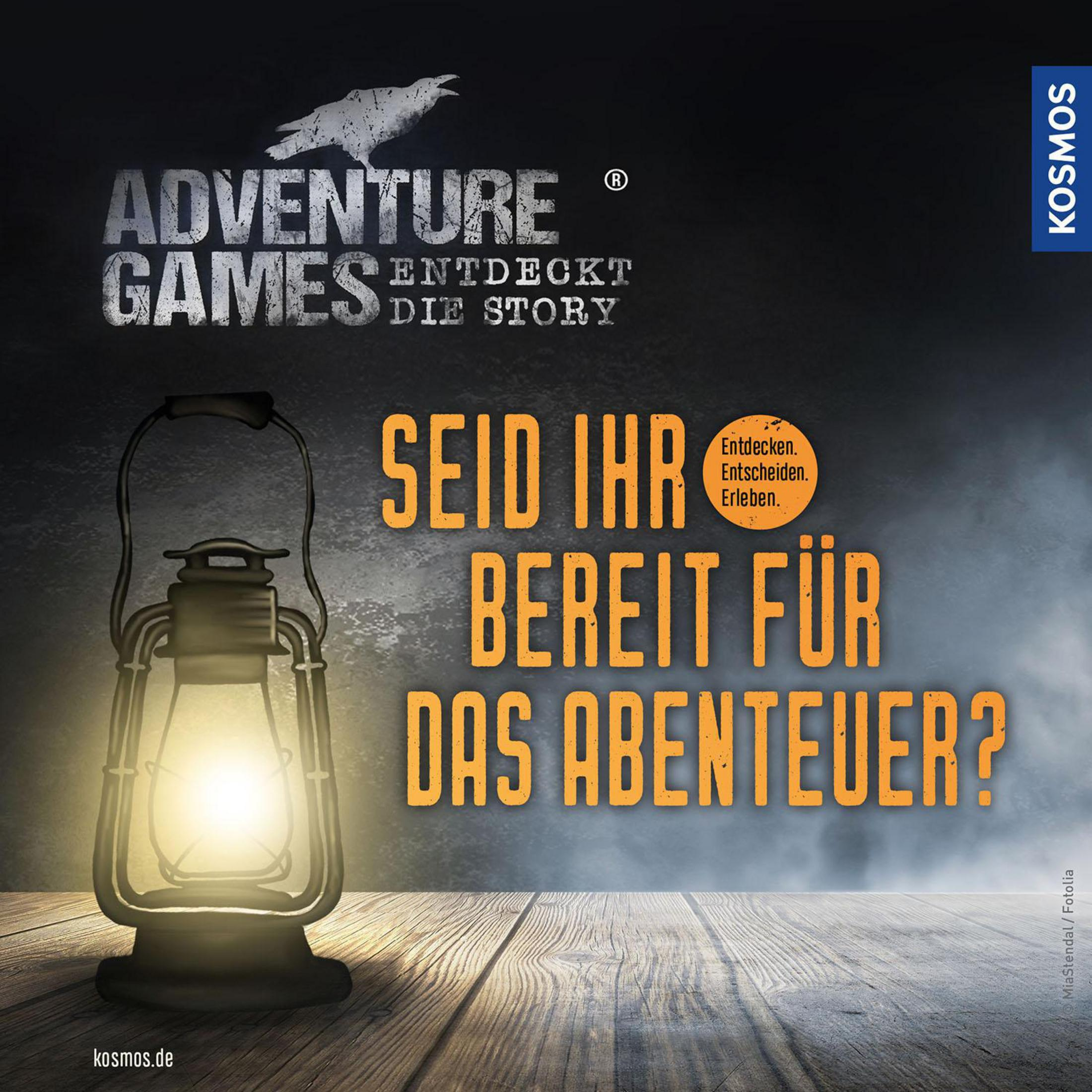 Ein Abenteuerspiel-Poster. Es hat eine Laterne und Text in einer dunklen Umgebung.