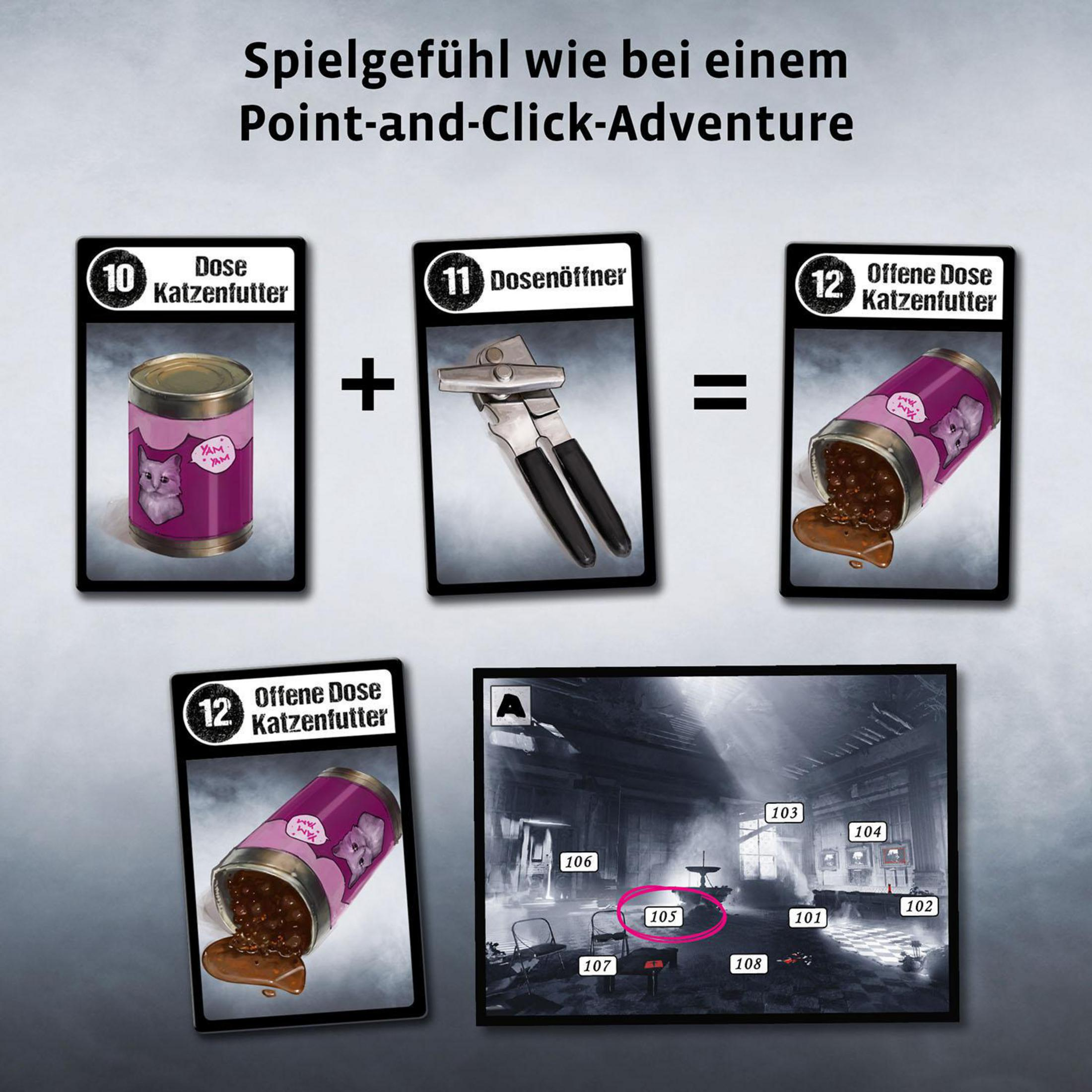 Ein Spiel mit Karten und einer Raumszene. Katzenfutterdosen werden mit einem Dosenöffner geöffnet.