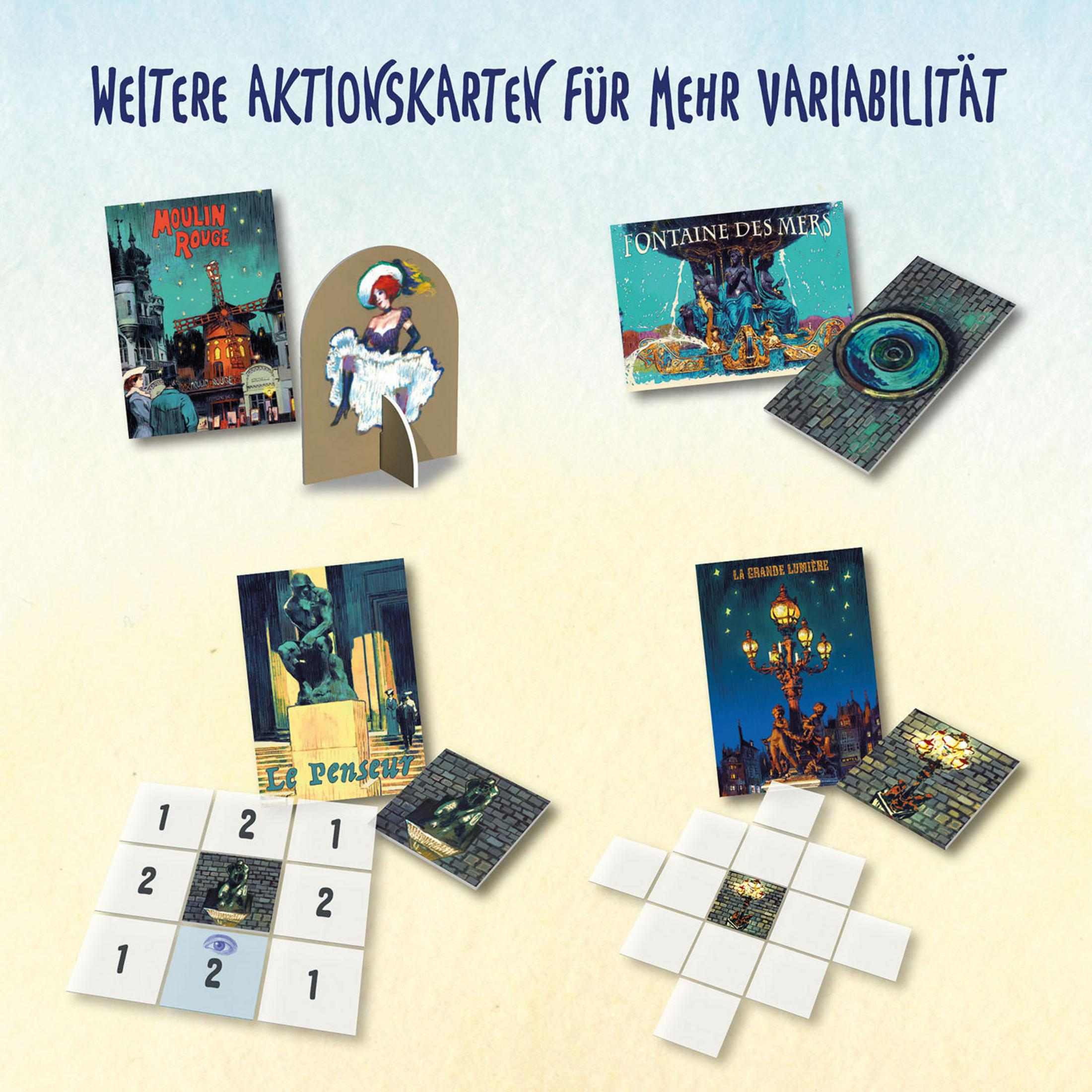 Karten mit verschiedenen Illustrationen. Text oben: 'WEITERE AKTIONSKARTEN FÜR MEHR VARIABILITÄT'.
