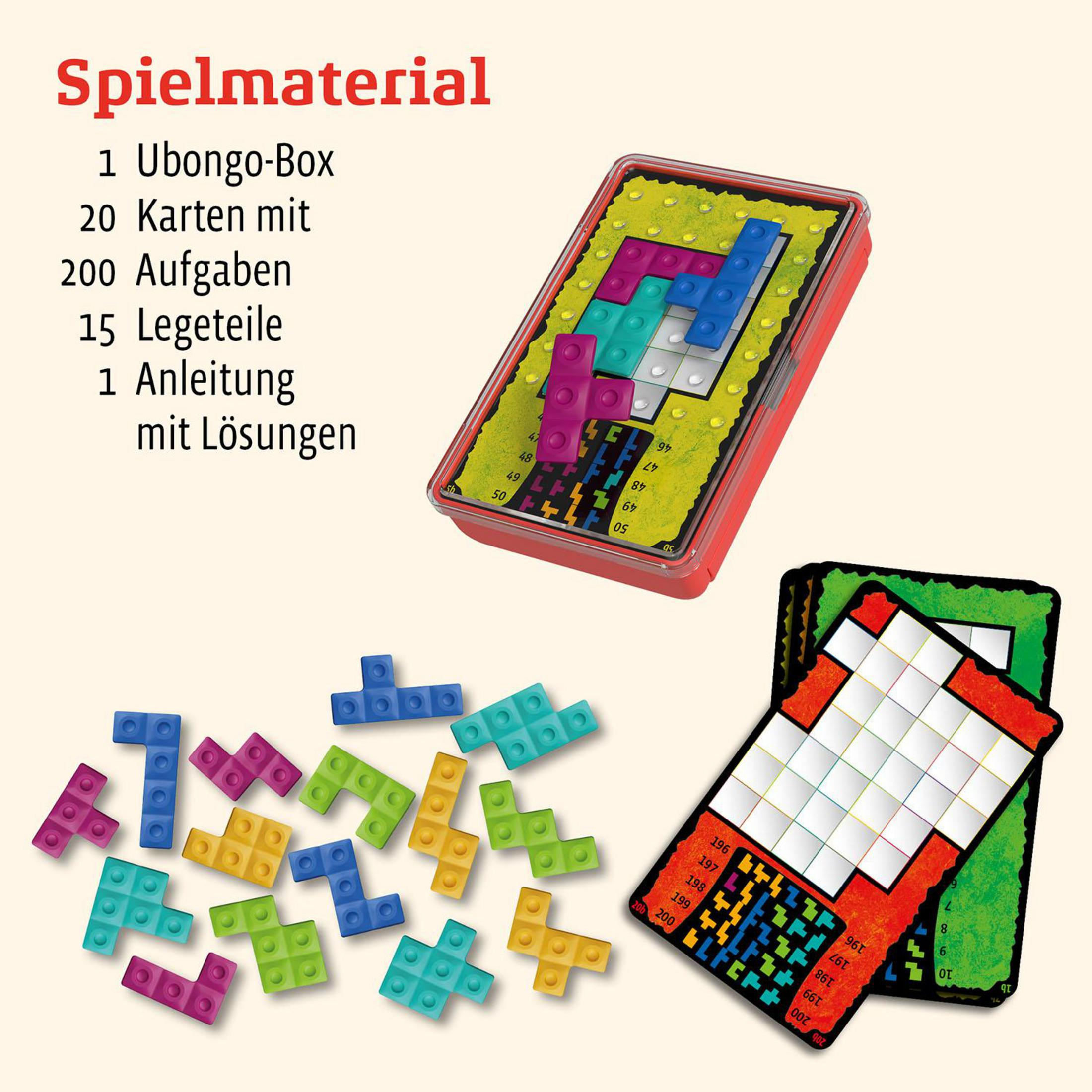 Brettspielkomponenten: Karten, Puzzleteile, eine Box. Bunt und abwechslungsreich.
