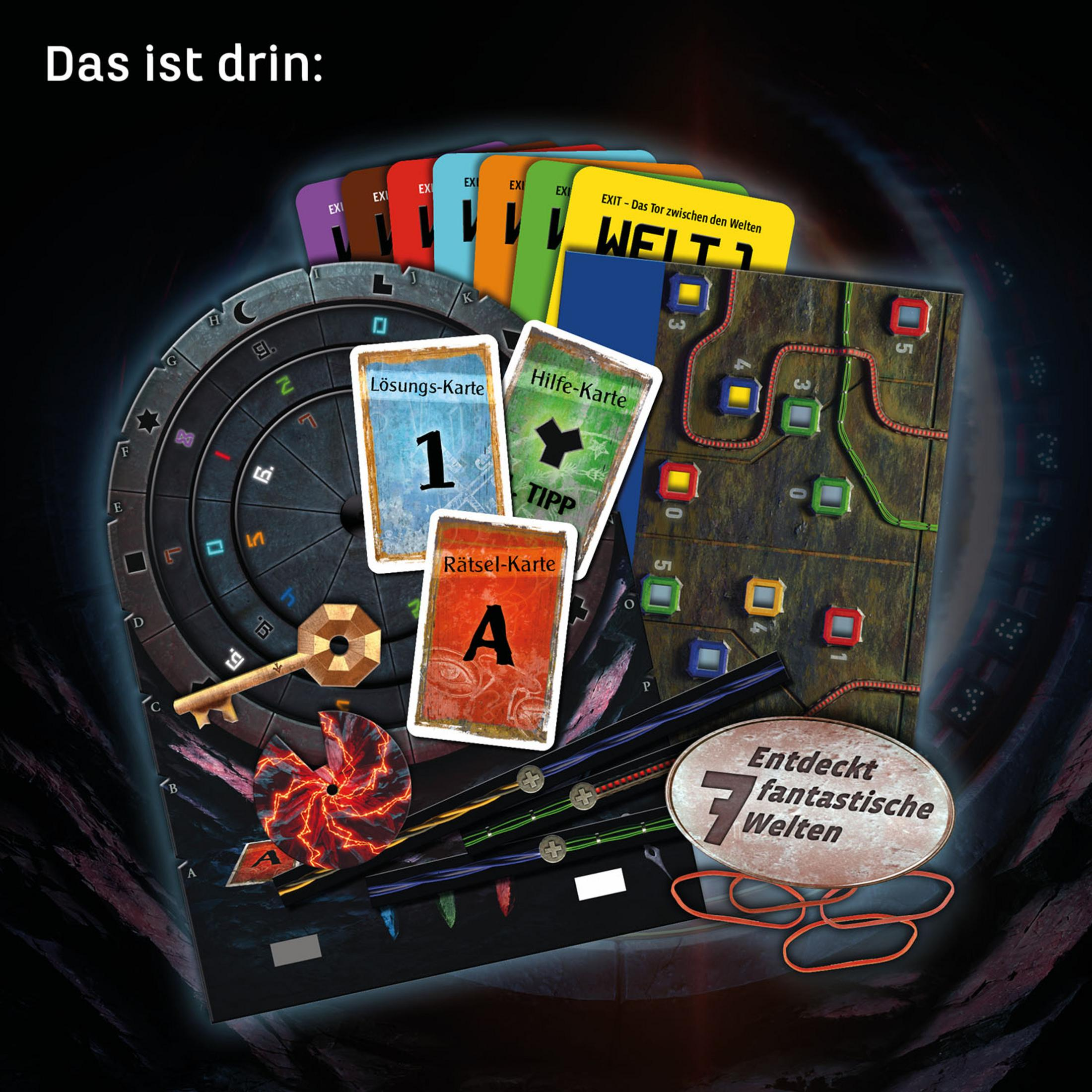 Composants de jeu, dont des cartes, un plateau et une clé. Thème EXIT.
