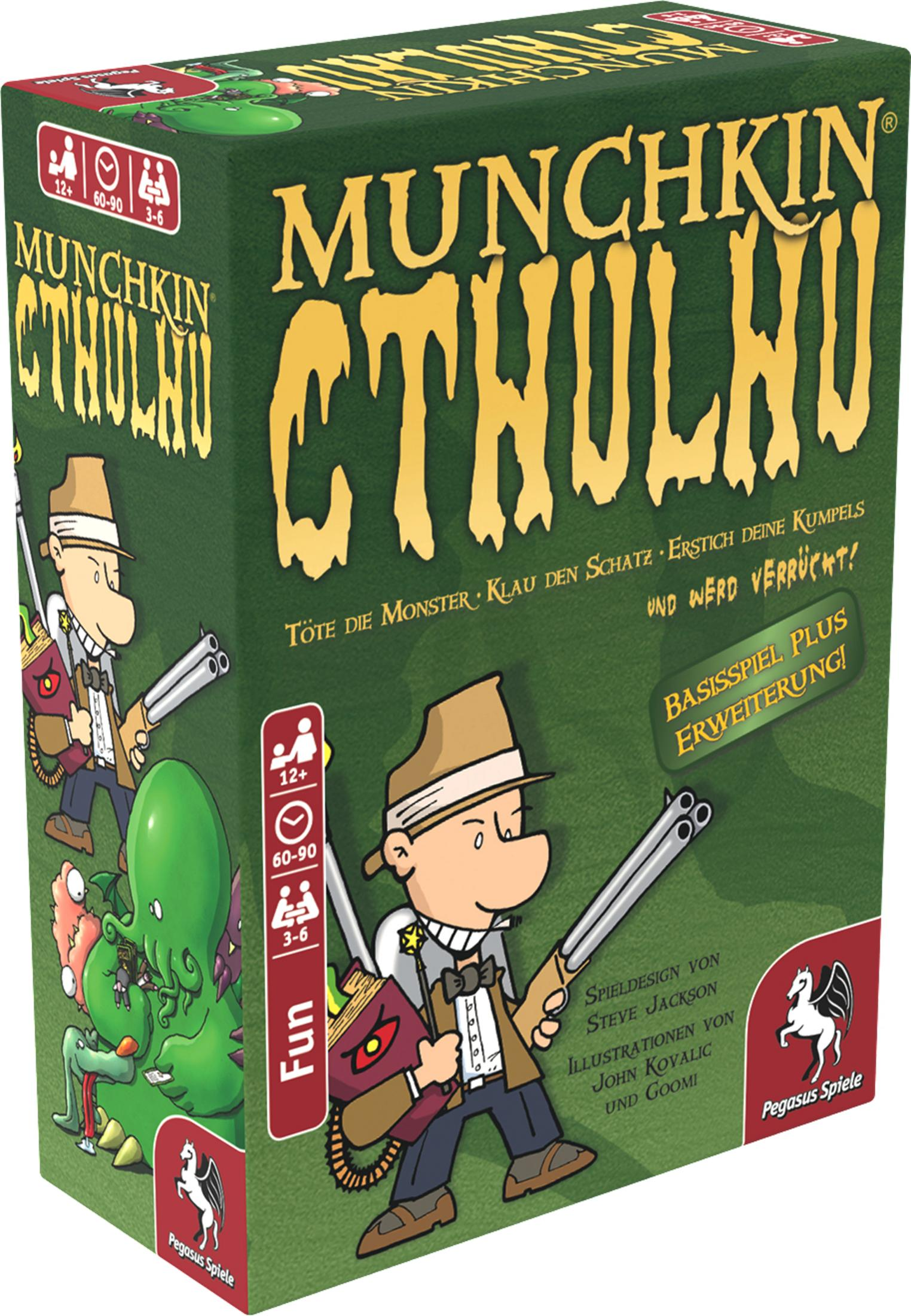 Munchkin Cthulhu Brettspielbox mit einem Cartoon-Mann mit Schrotflinte und einem grünen Monster.