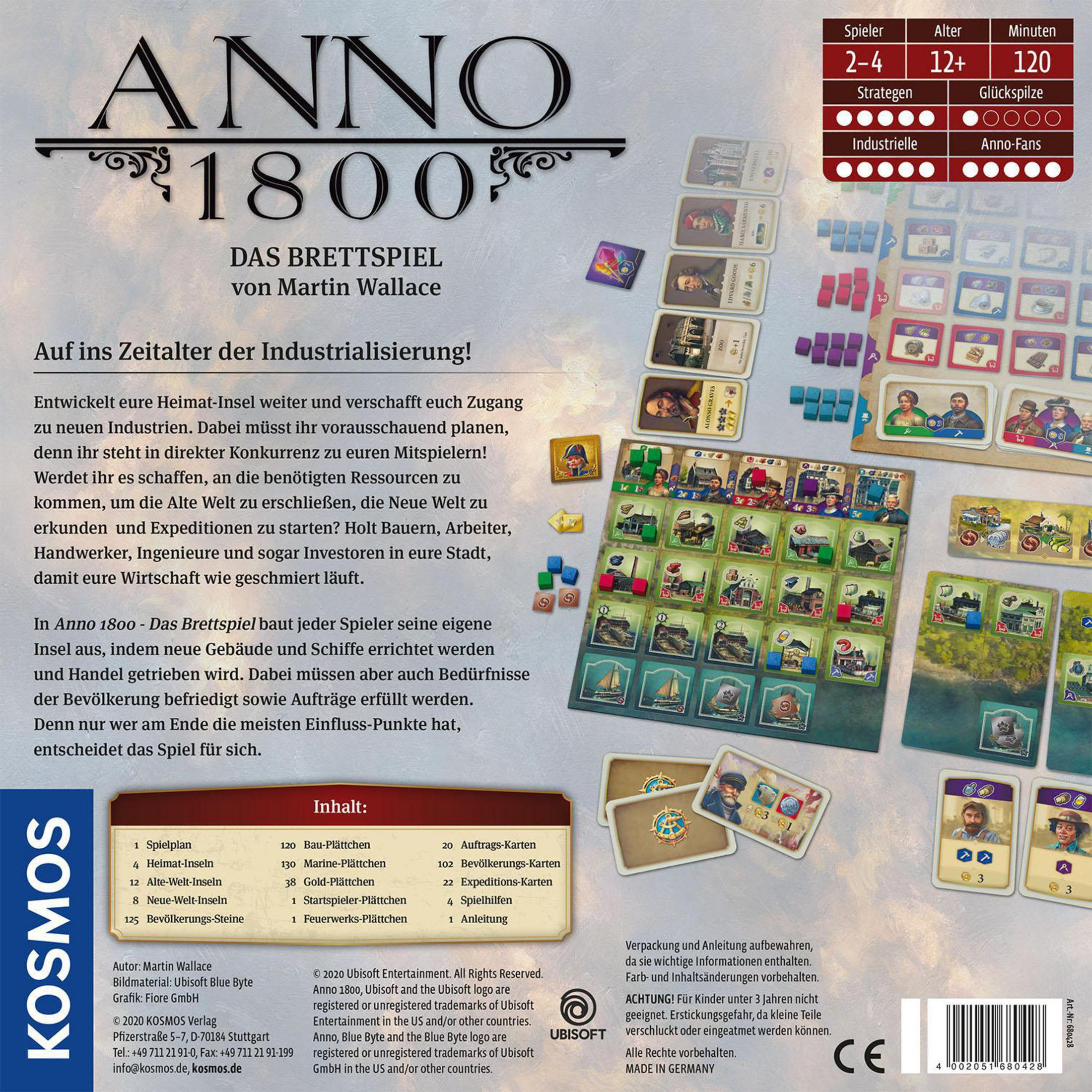 Una caja de juego de mesa con una ciudad, componentes del juego y mucho texto en alemán.