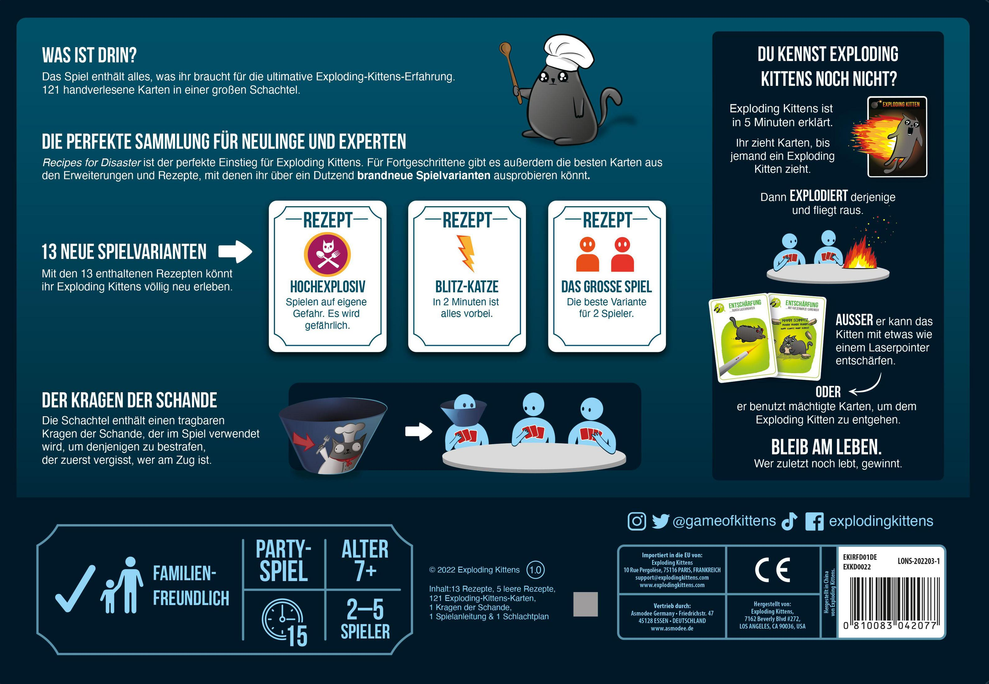 Exploding Kittens Kartenspielbox, mit einem schwarzen Katzenkoch und Kartenillustrationen mit Text.