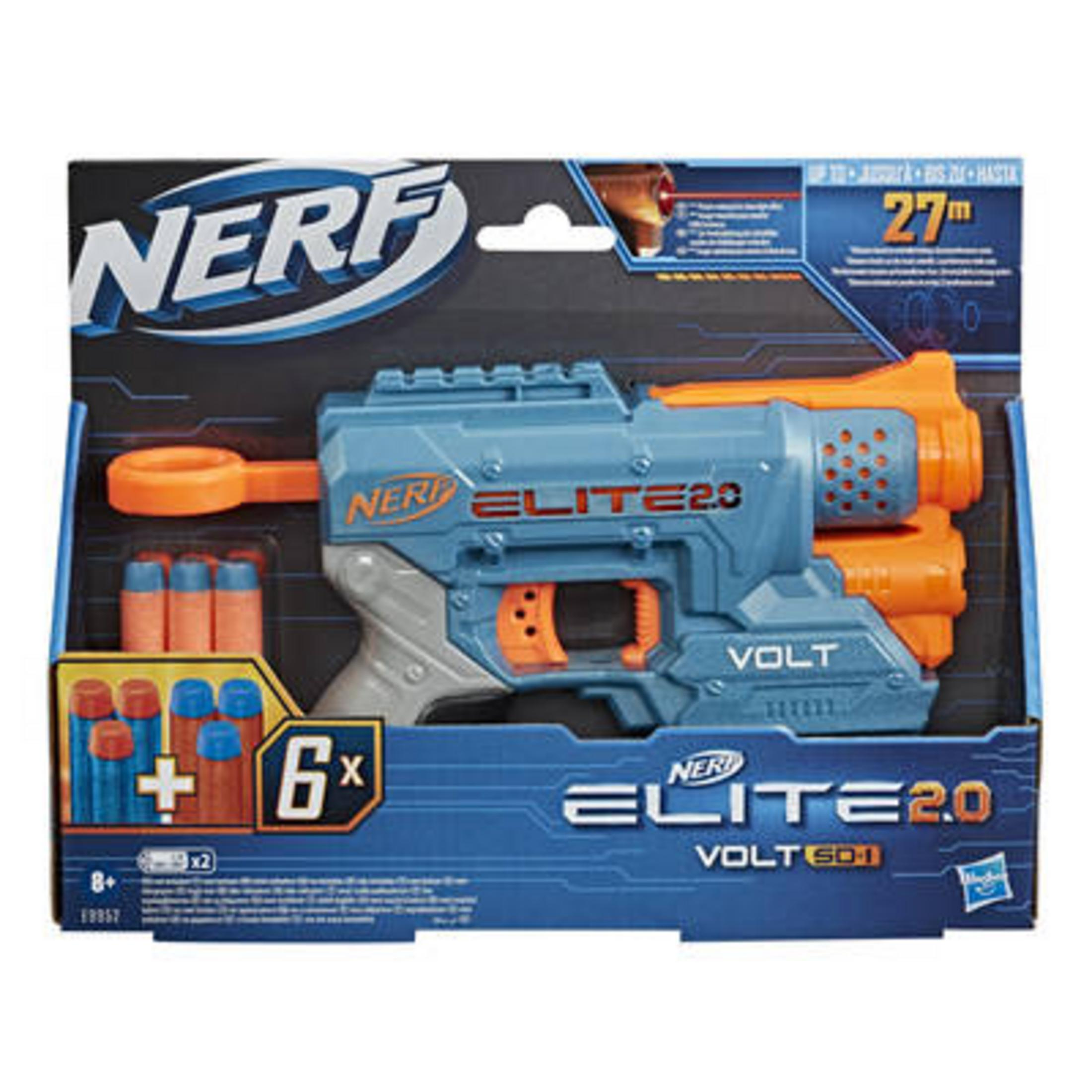 Pistolet Nerf Elite 2.0 Volt w pudełku, pokazujący pistolet i sześć strzałek.