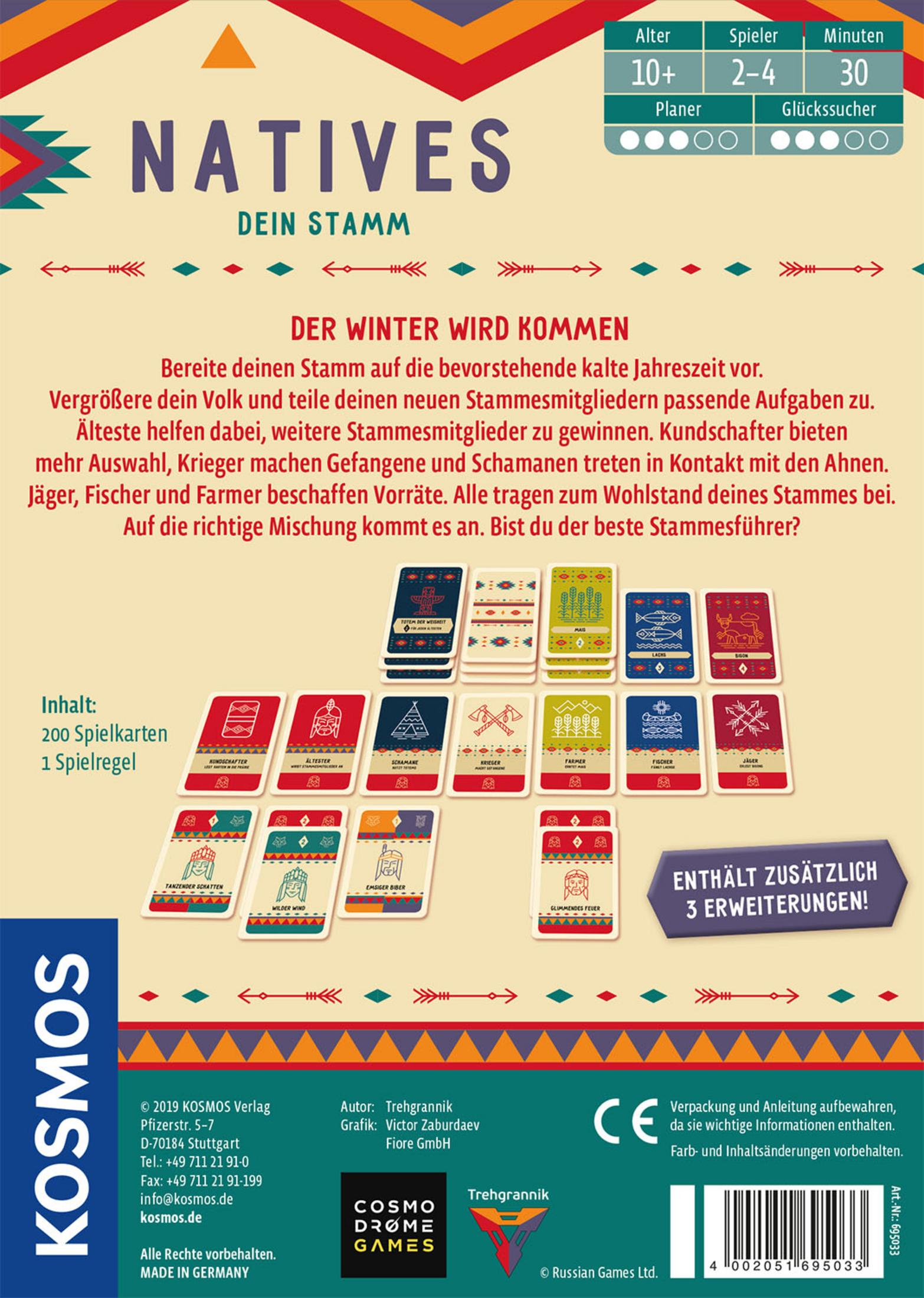 Spielbox mit Titel NATIVES. Karten und Spieldetails sind abgebildet.