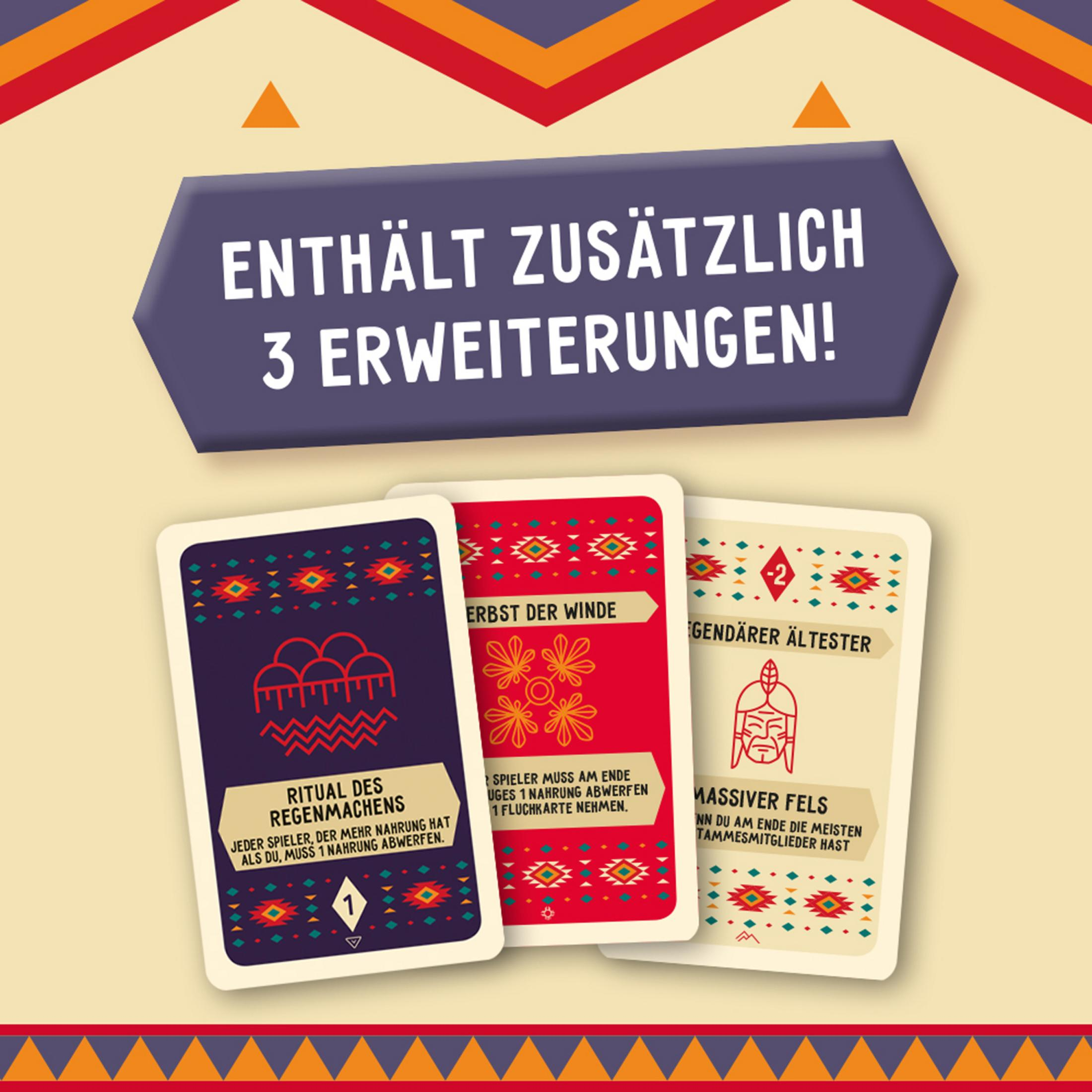 Drei Spielkarten mit Text. Eine rot, eine blau, eine beige. Alle mit bunten Mustern und Illustrationen.