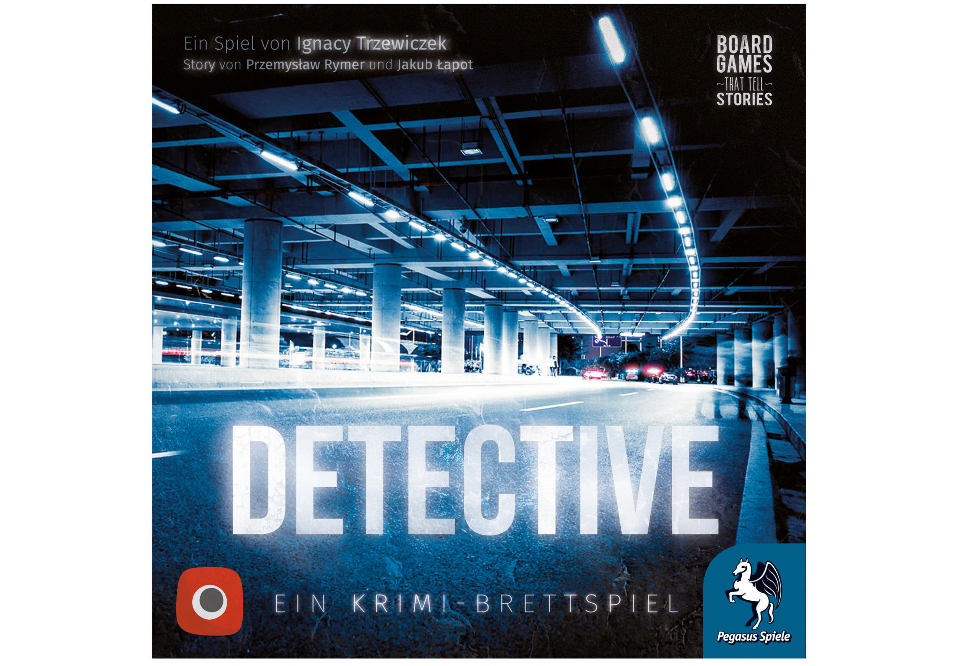 Detective-Brettspielbox mit einer Illustration einer Stadtszene.