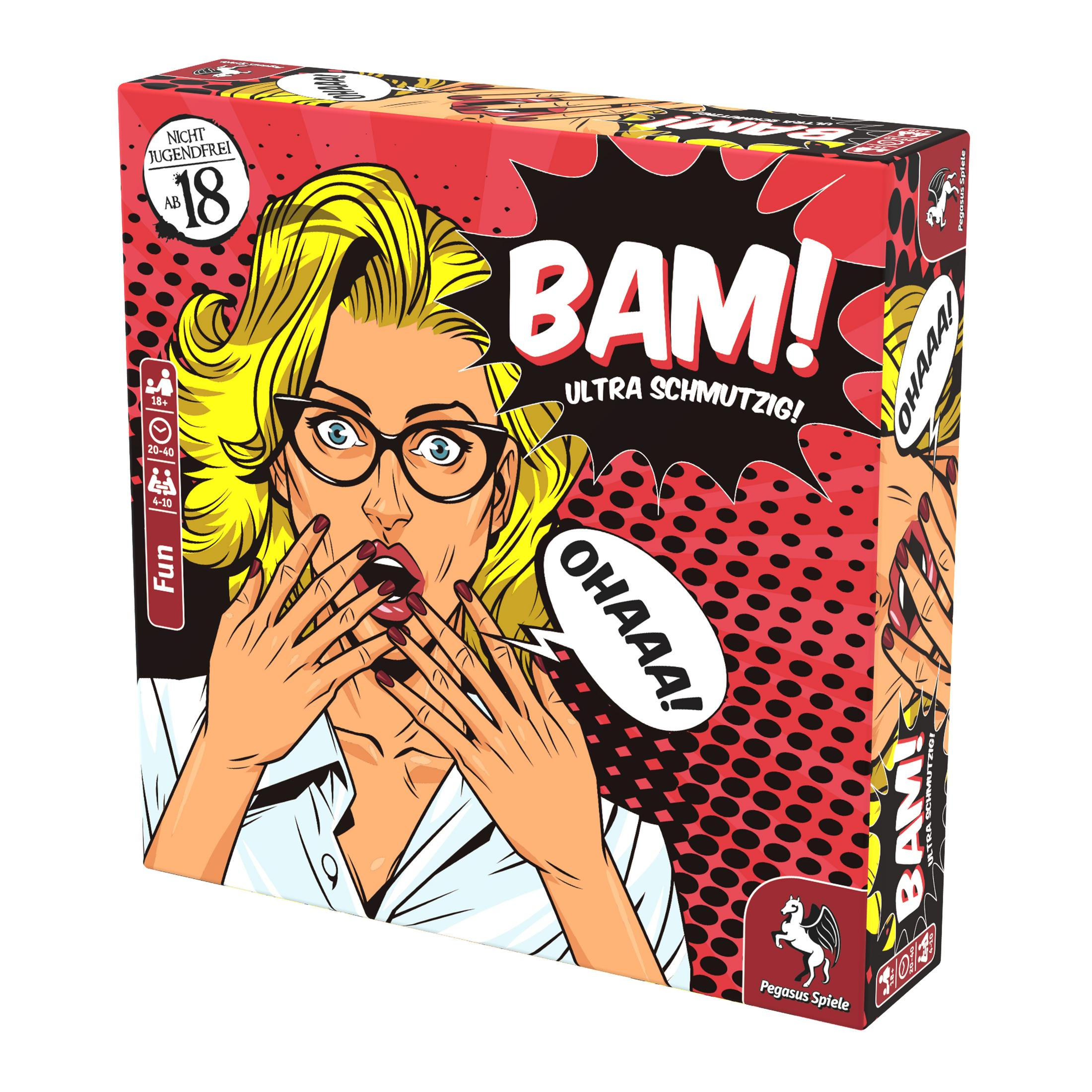 Pudełko z grą z komiksową ilustracją kobiety z zaskoczoną miną.
