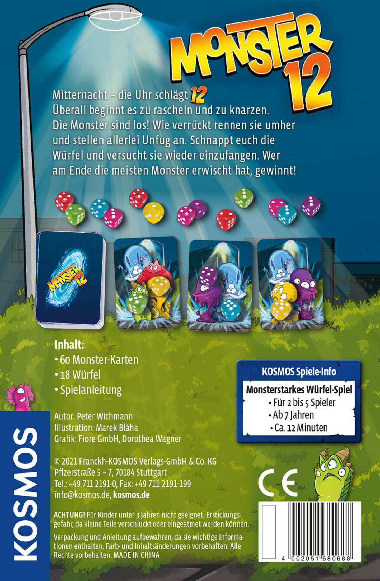 Rückseite einer Monster 12-Kartenspielbox. Der Hintergrund ist grün mit Monstern und Würfeln. Text ist auf Deutsch.