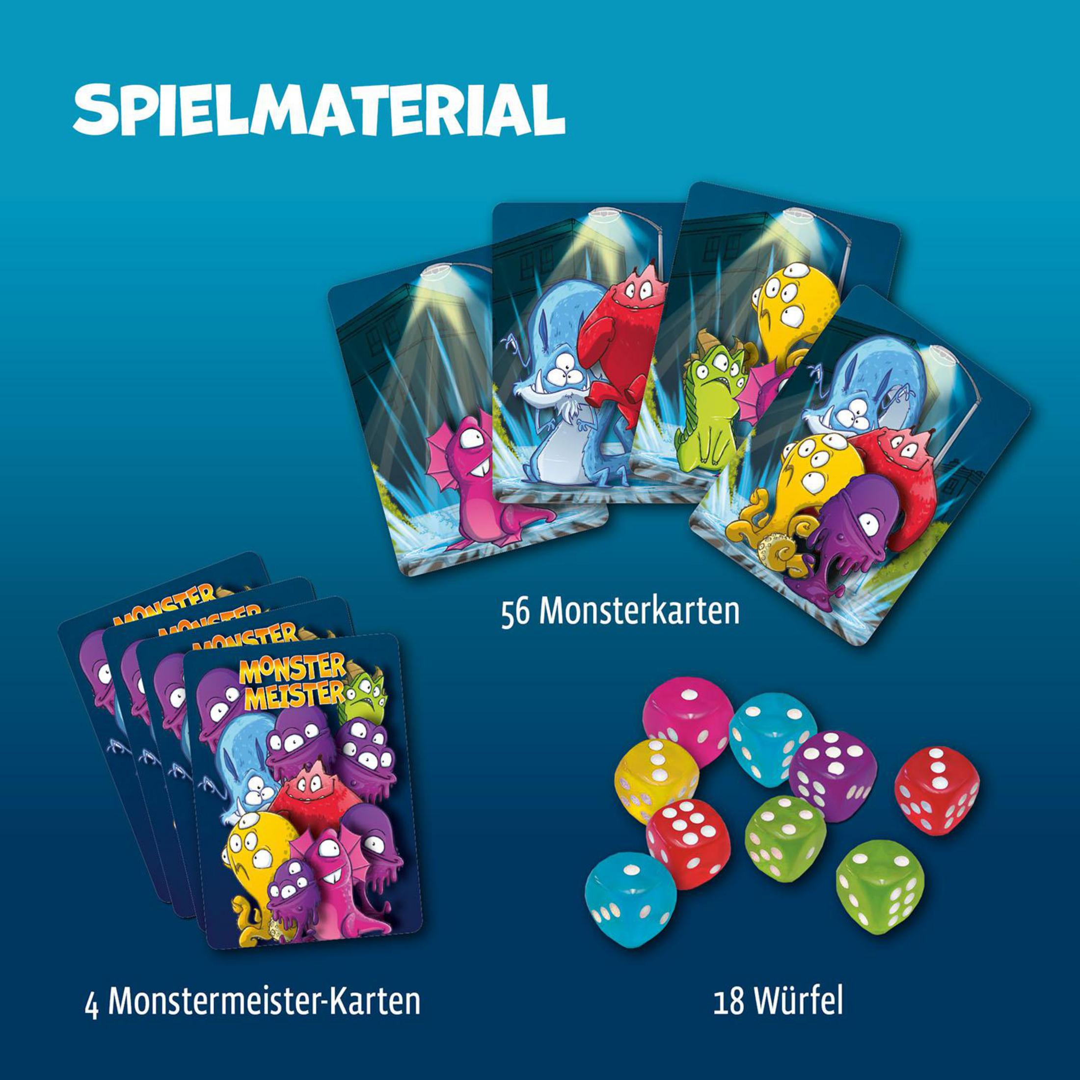 Brettspielkarten und Würfel mit Monsterillustrationen und blauem Hintergrund.