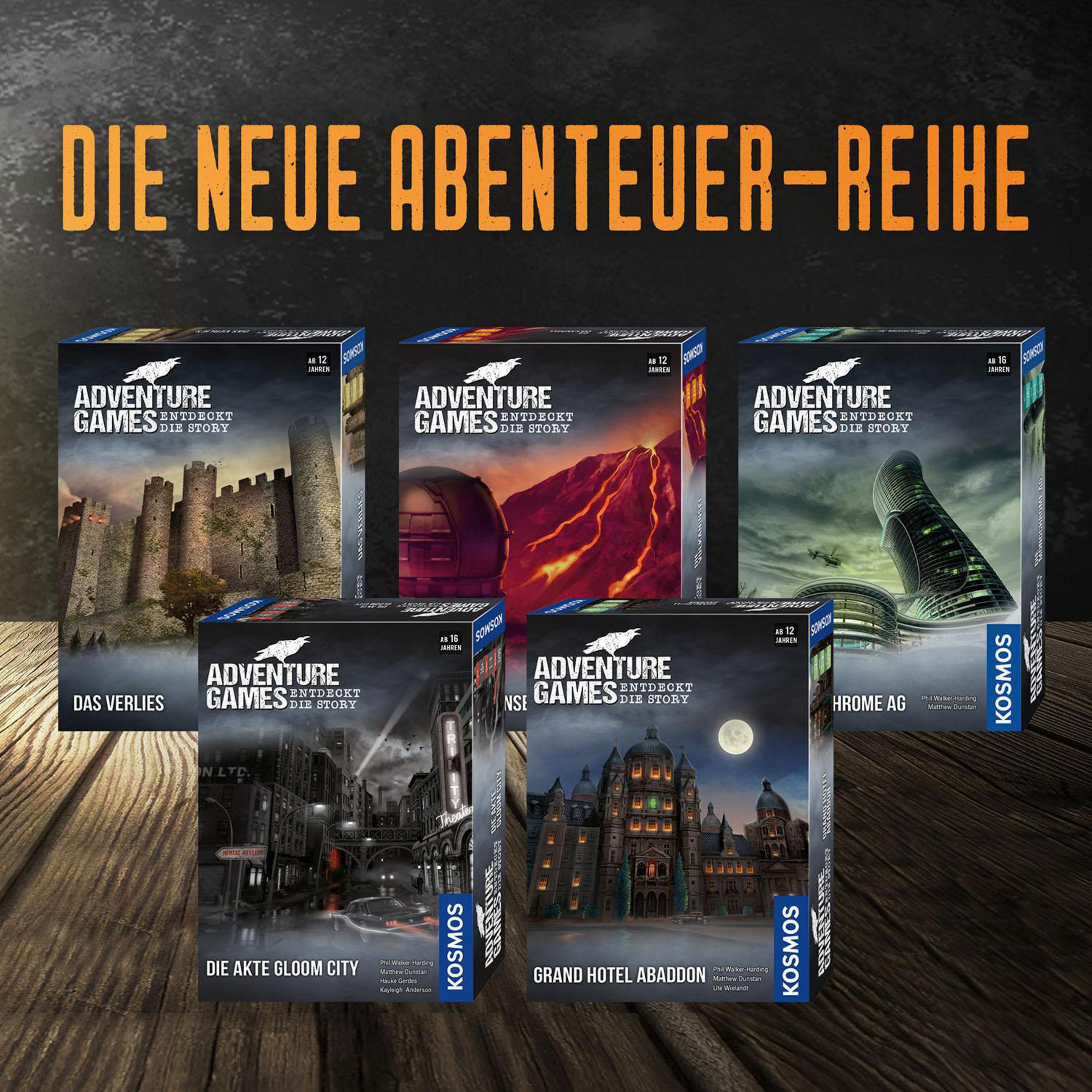 Mehrere Abenteuerspielboxen mit verschiedenen Szenen, darunter Burgen und Stadtansichten.