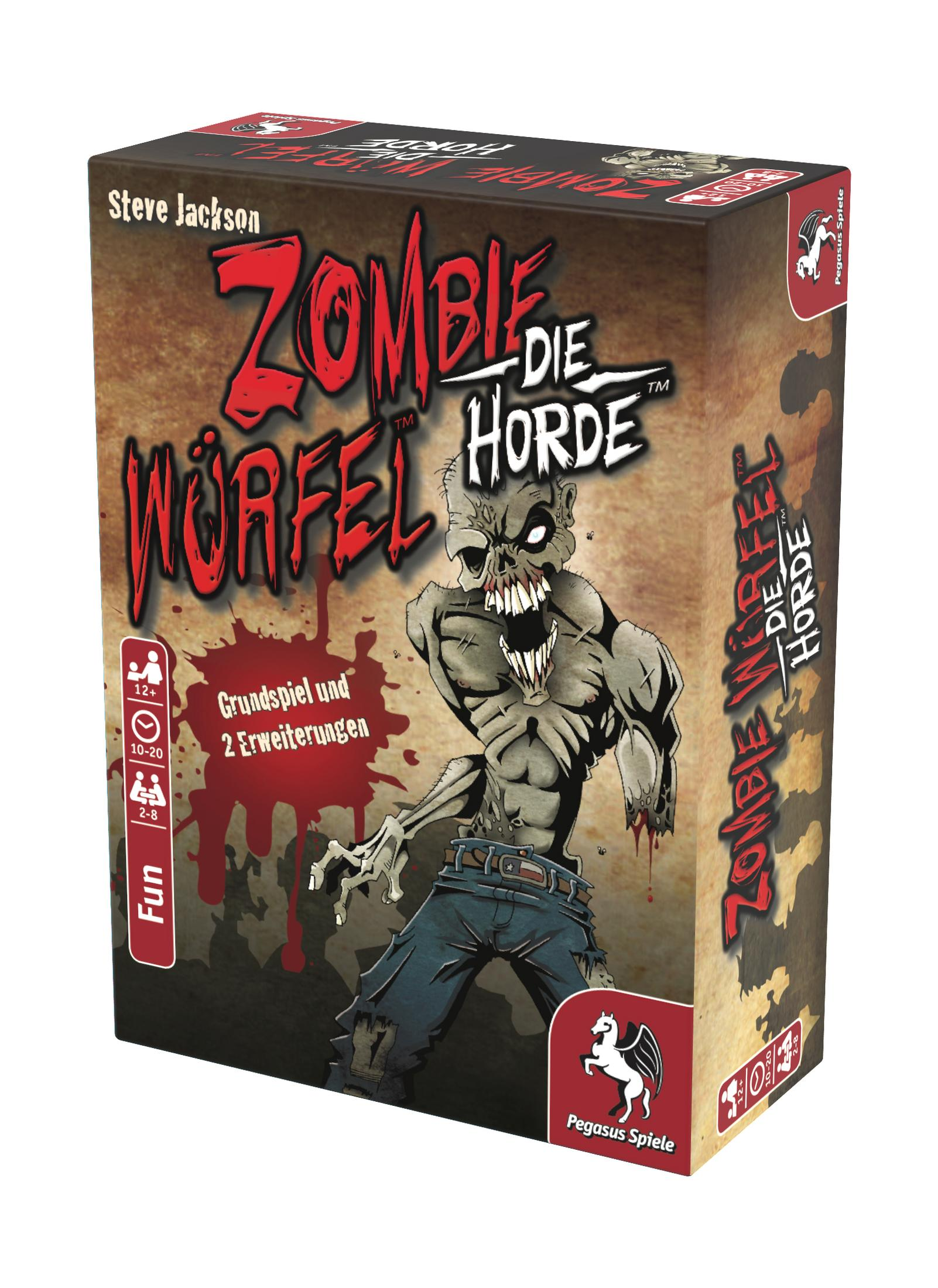 Zombie Würfel Die Horde Spielbox, Zombie-Illustration, rot und braun, weißer Hintergrund.