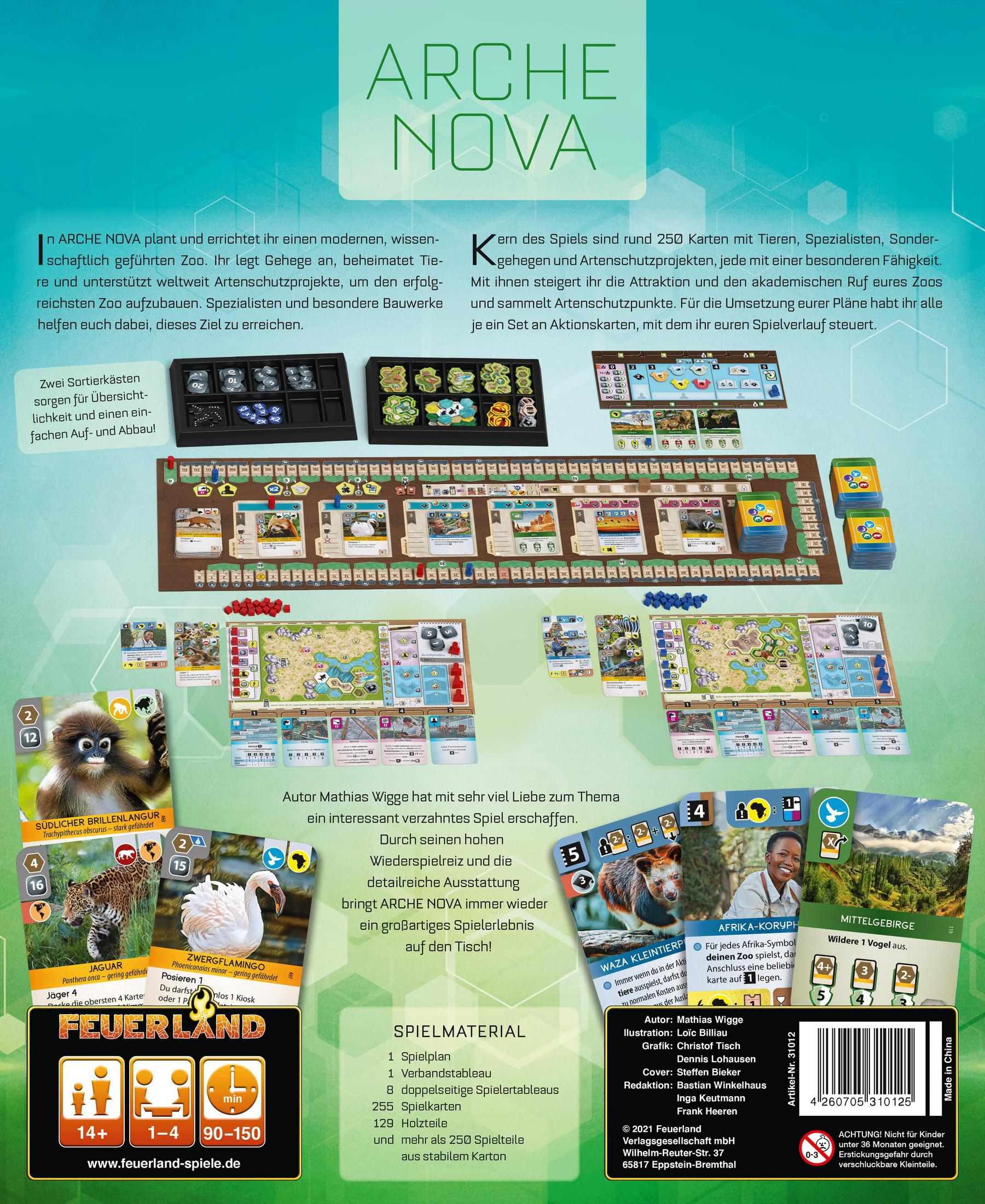 Eine Brettspielbox mit Wildtier-Thema. Es zeigt Tierillustrationen und Spielkomponenten auf der Rückseite.