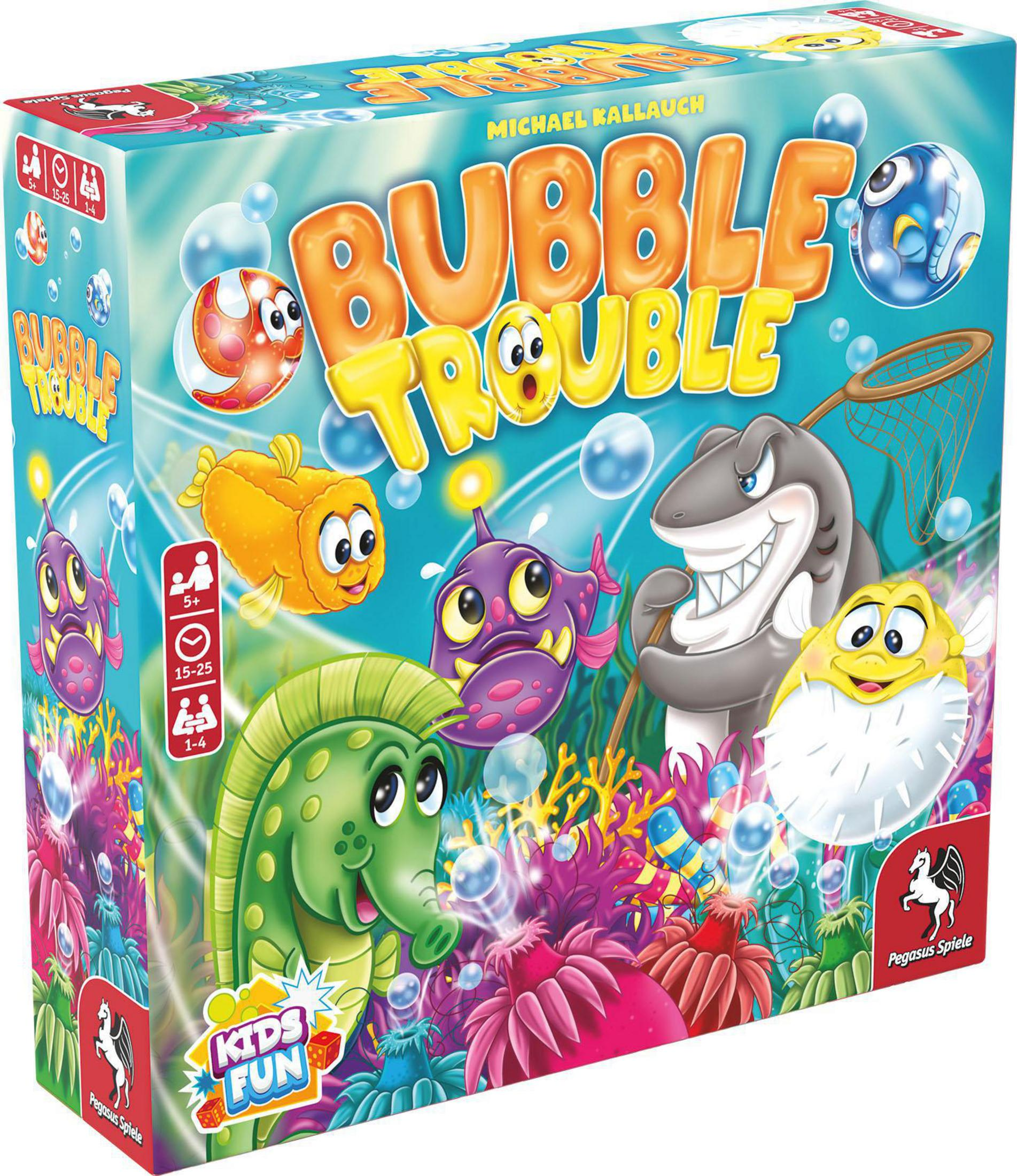 Bubble Trouble Spielbox. Bunte Cartoon-Fische und Blasen auf blauem Hintergrund.