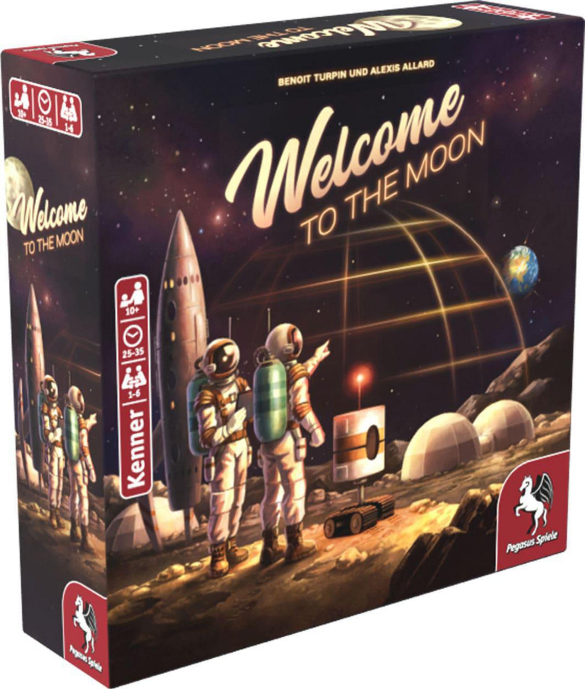 Welcome to the Moon Brettspielbox. Astronauten auf dem Mond sind das Hauptthema des Spiels.