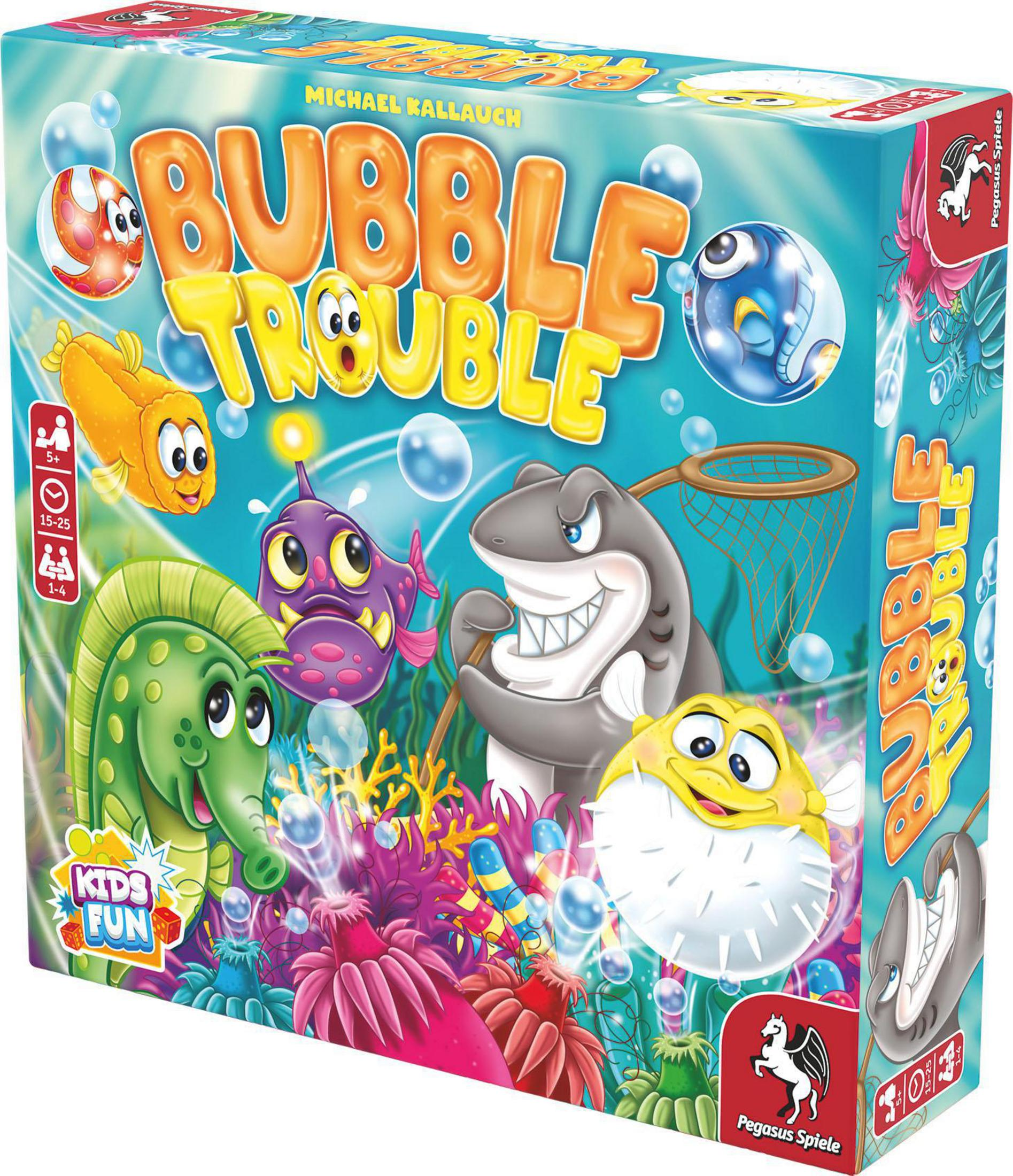Bubble Trouble Brettspielbox mit Cartoon-Fischen, Haien und Korallenillustrationen. Die Box ist blau.