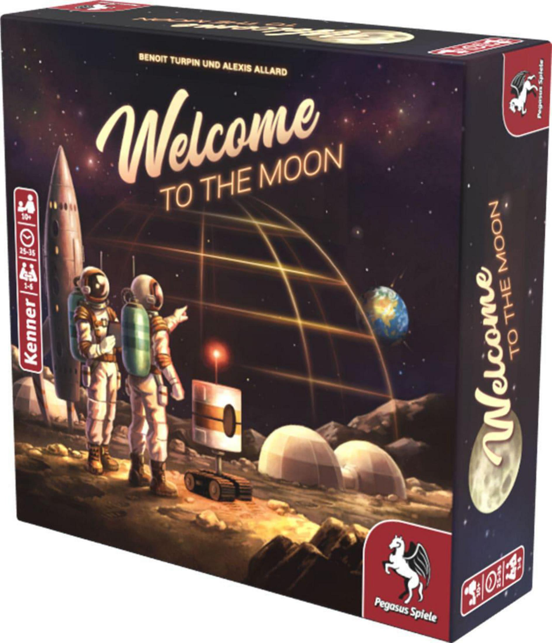 Spielbox mit einer Weltraumszene, Astronauten und einer Rakete. Der Spieletitel ist Welcome to the Moon.