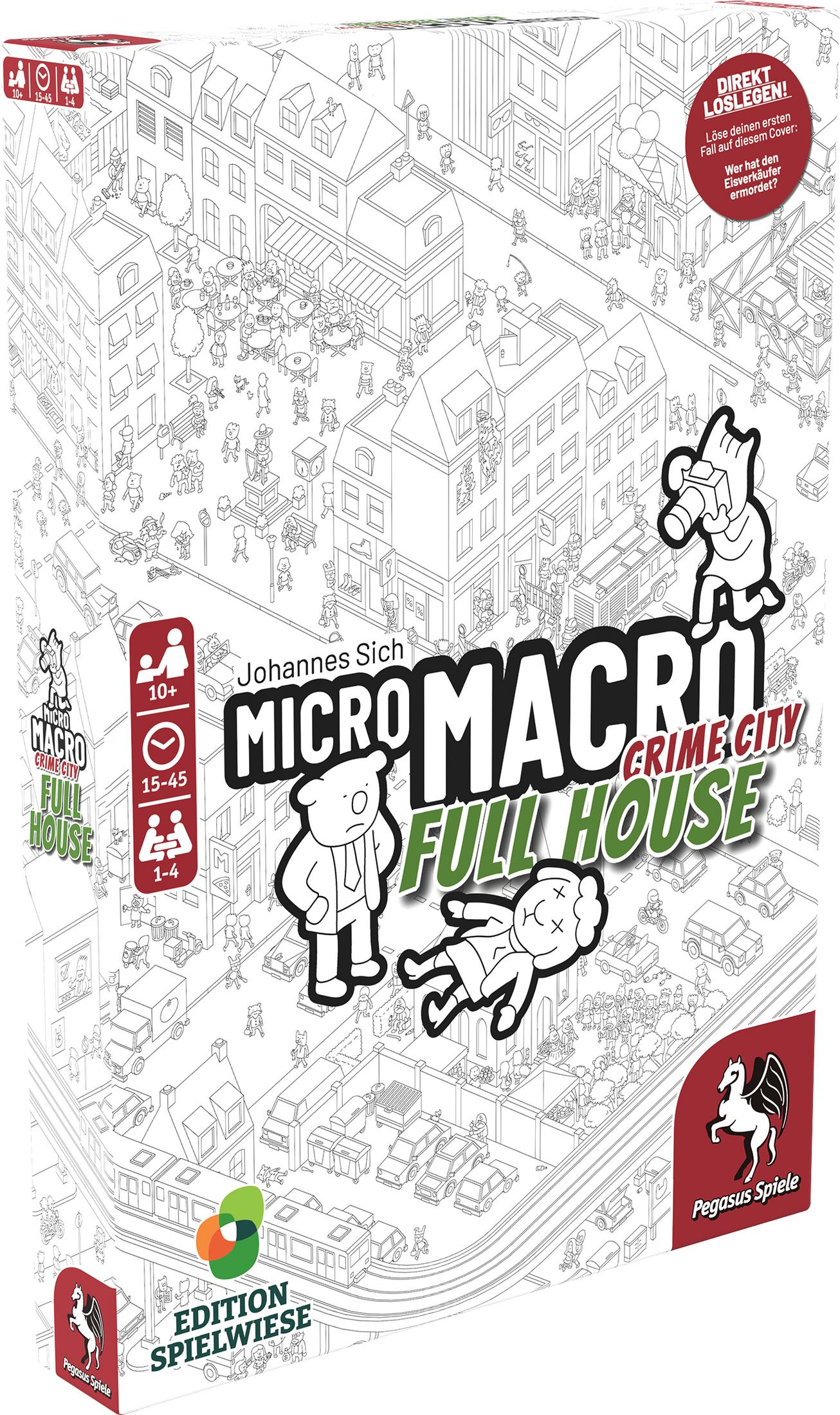 Schachtel: Micro Macro Crime City. Stadtplan, Zeichentrickfiguren und Spieletitel auf weißem Hintergrund.