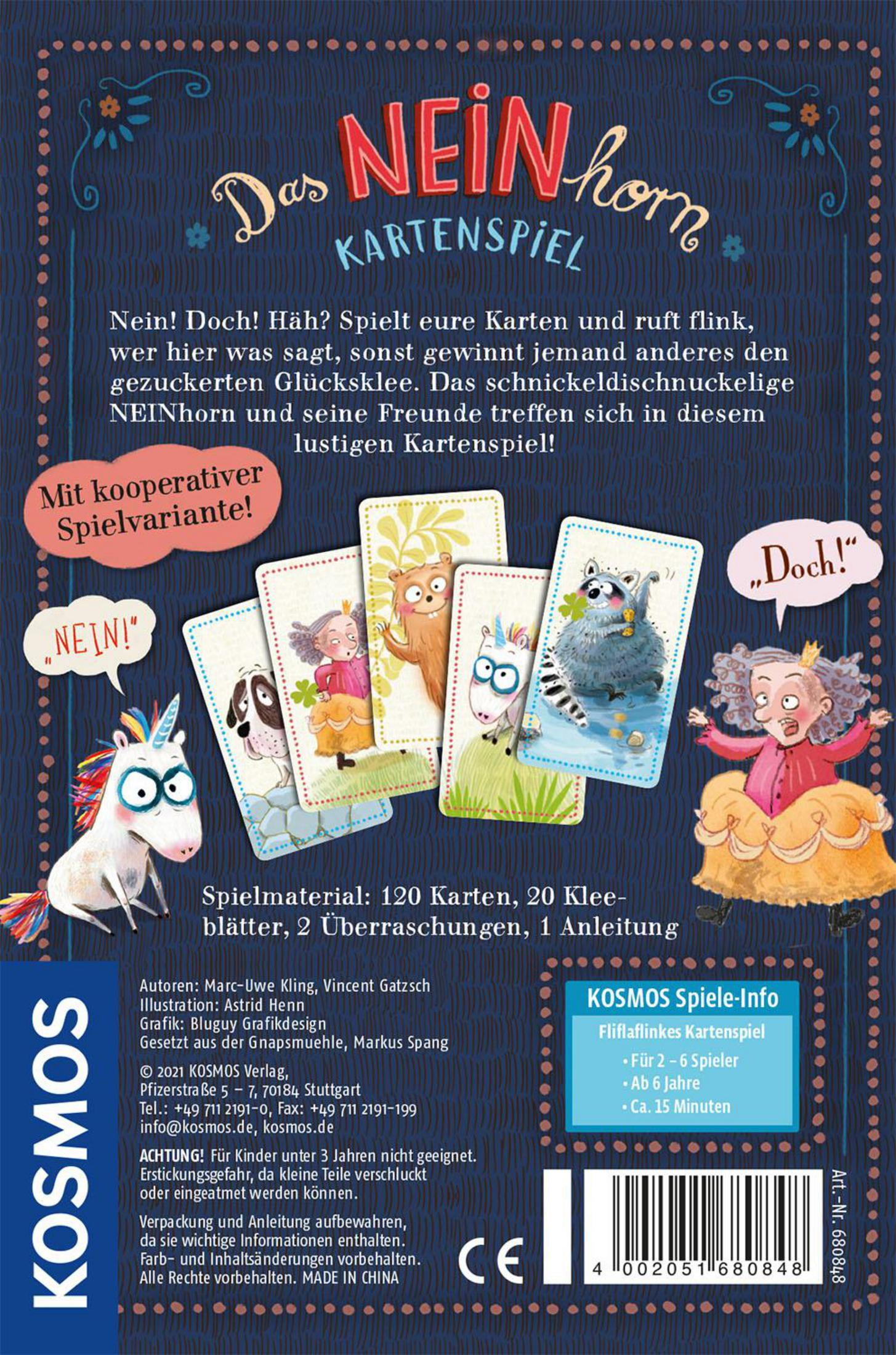 Rückseite einer Kartenspielbox mit Illustrationen und deutschem Text.