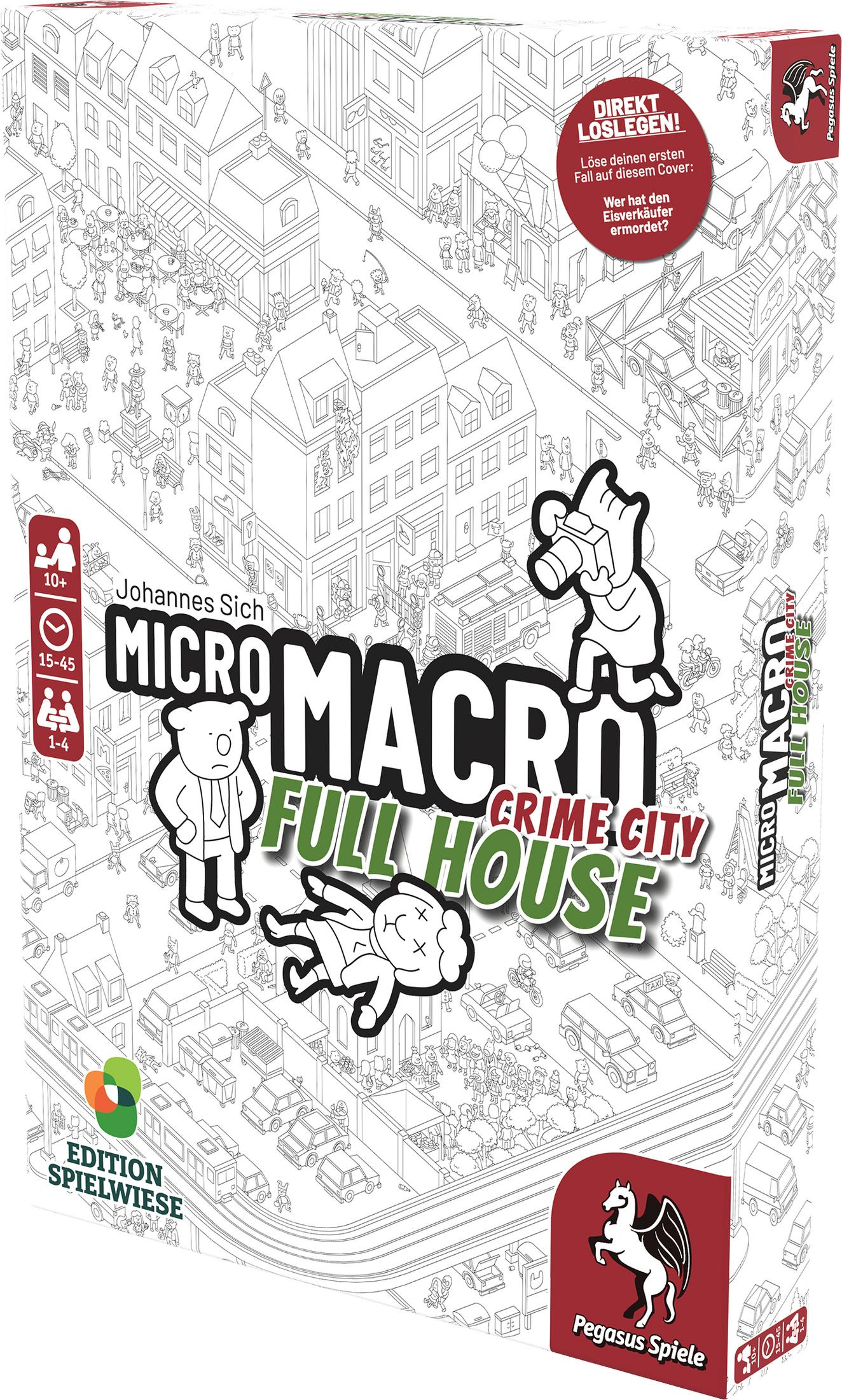 Spielbox für MicroMacro: Crime City. Die Grafik ist eine Stadtillustration in Schwarzweiß mit Charakteren.